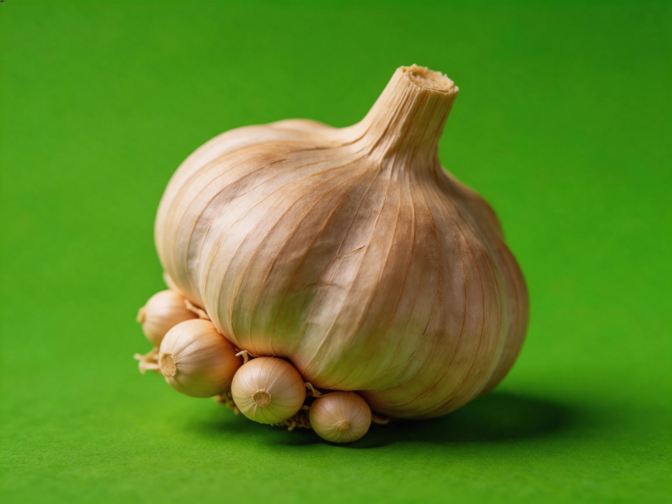 Large garlic bulb with small cloves on bright green surface