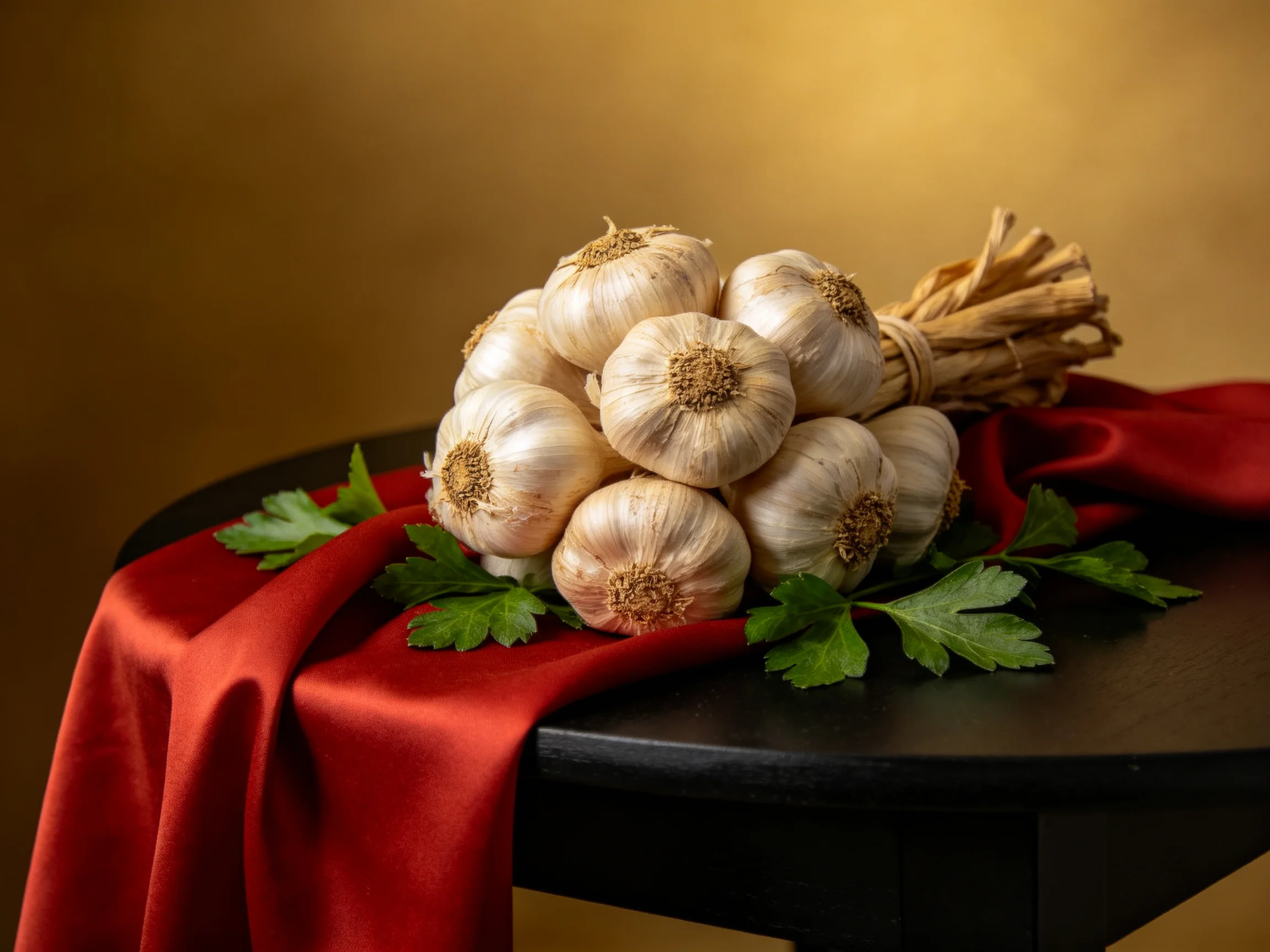 Large garlic bundle on black table with red cloth and green leaves