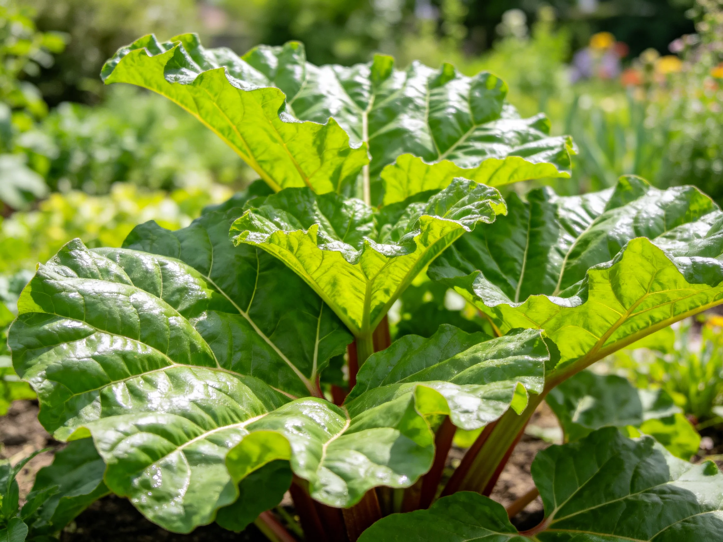 Large glossy green rhubarb leaves with reddish stems in sunny garden