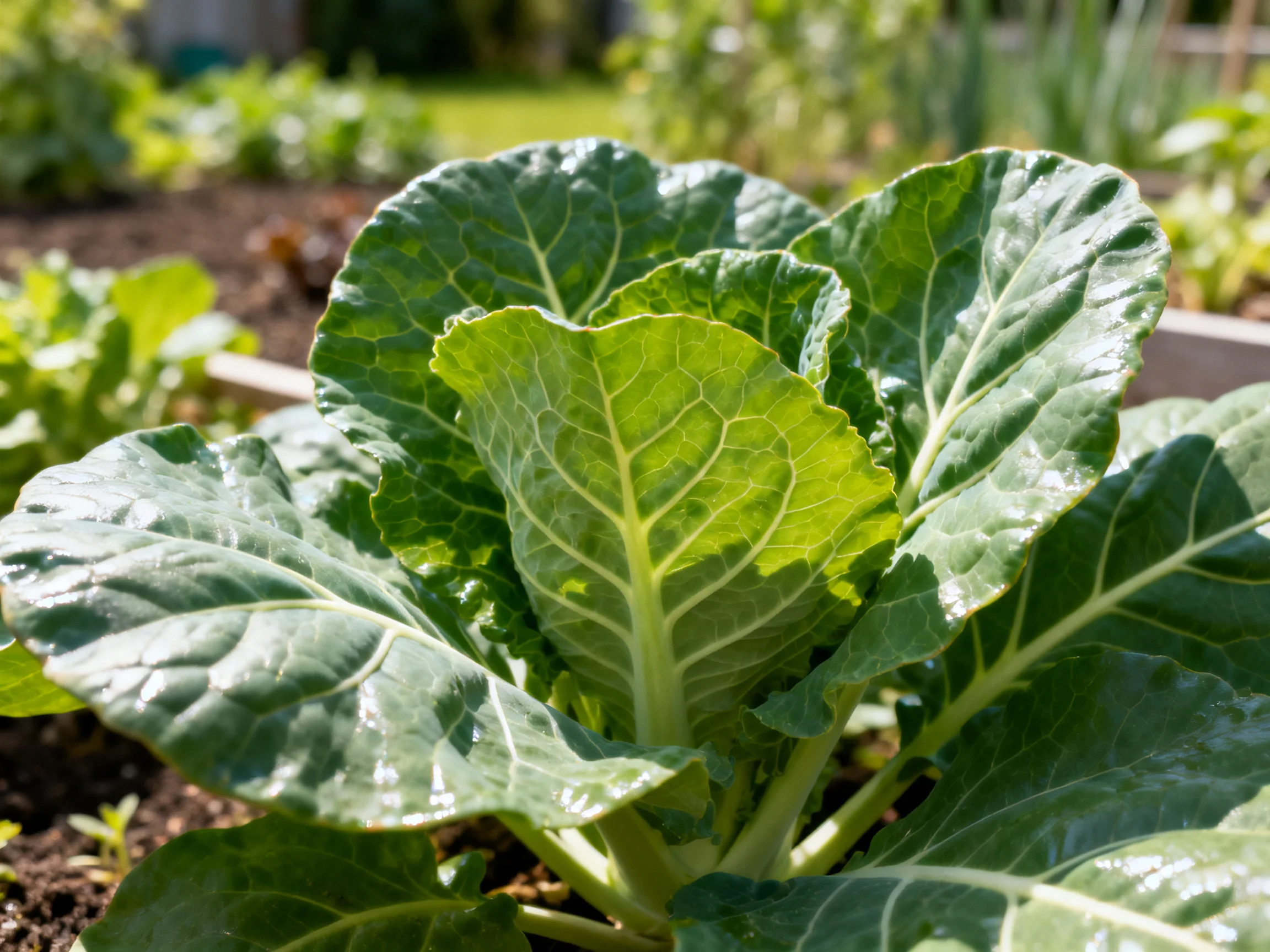 Large green cabbage plant thriving in a sunlit garden plot