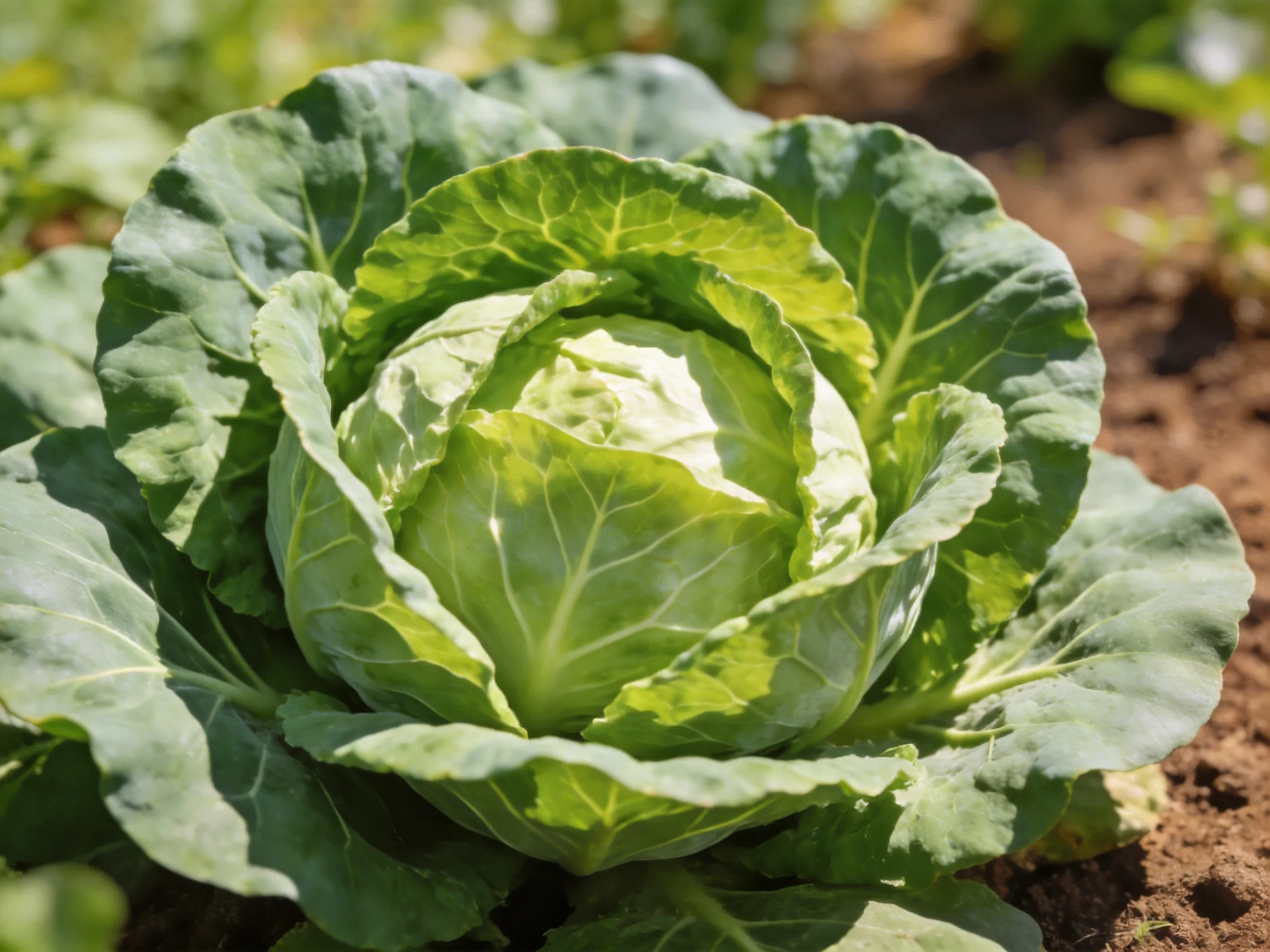 Large green cabbage with broad leaves growing in sun-drenched soil