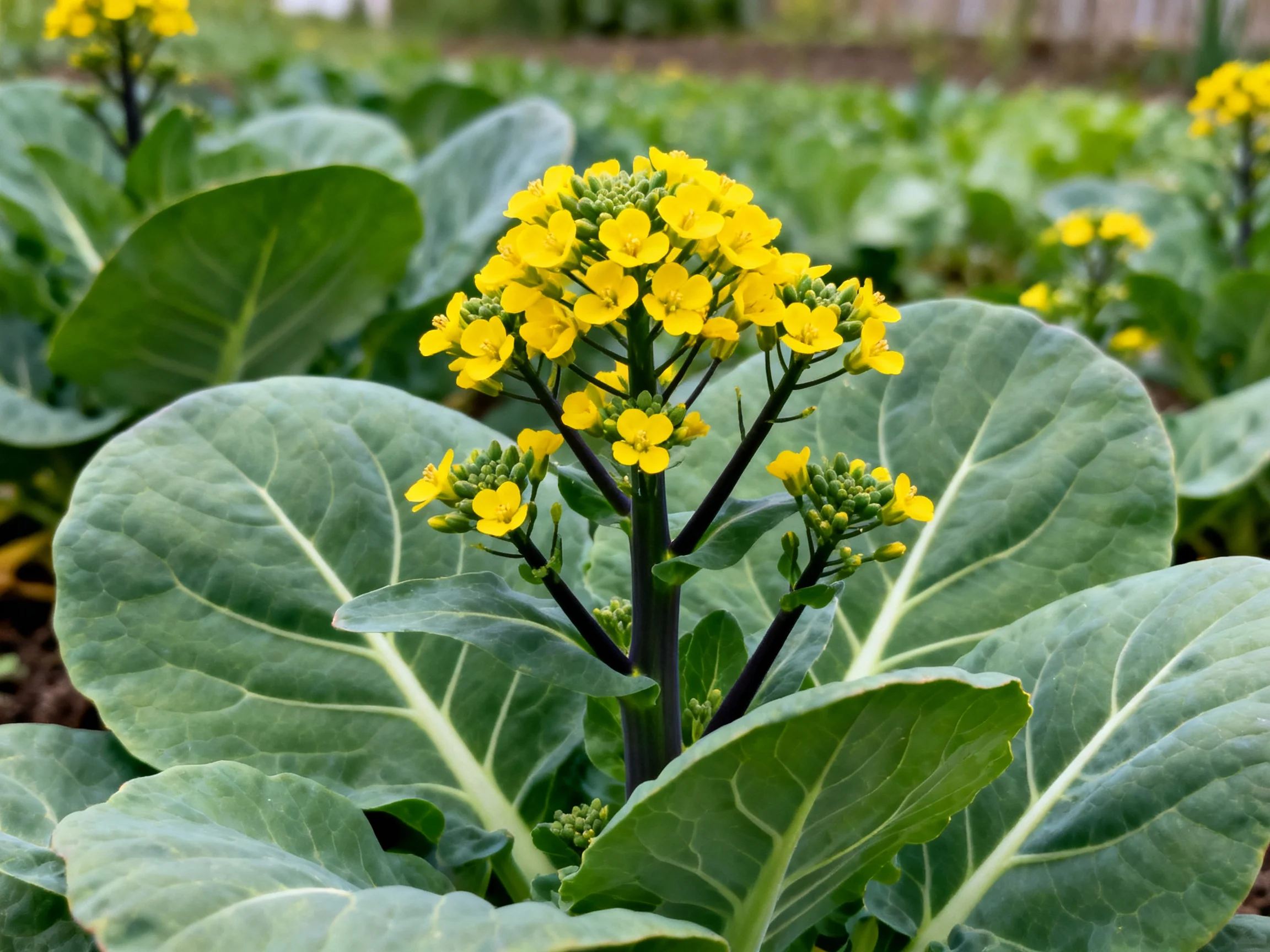 Large green leafed plants with bright yellow flowers in a garden
