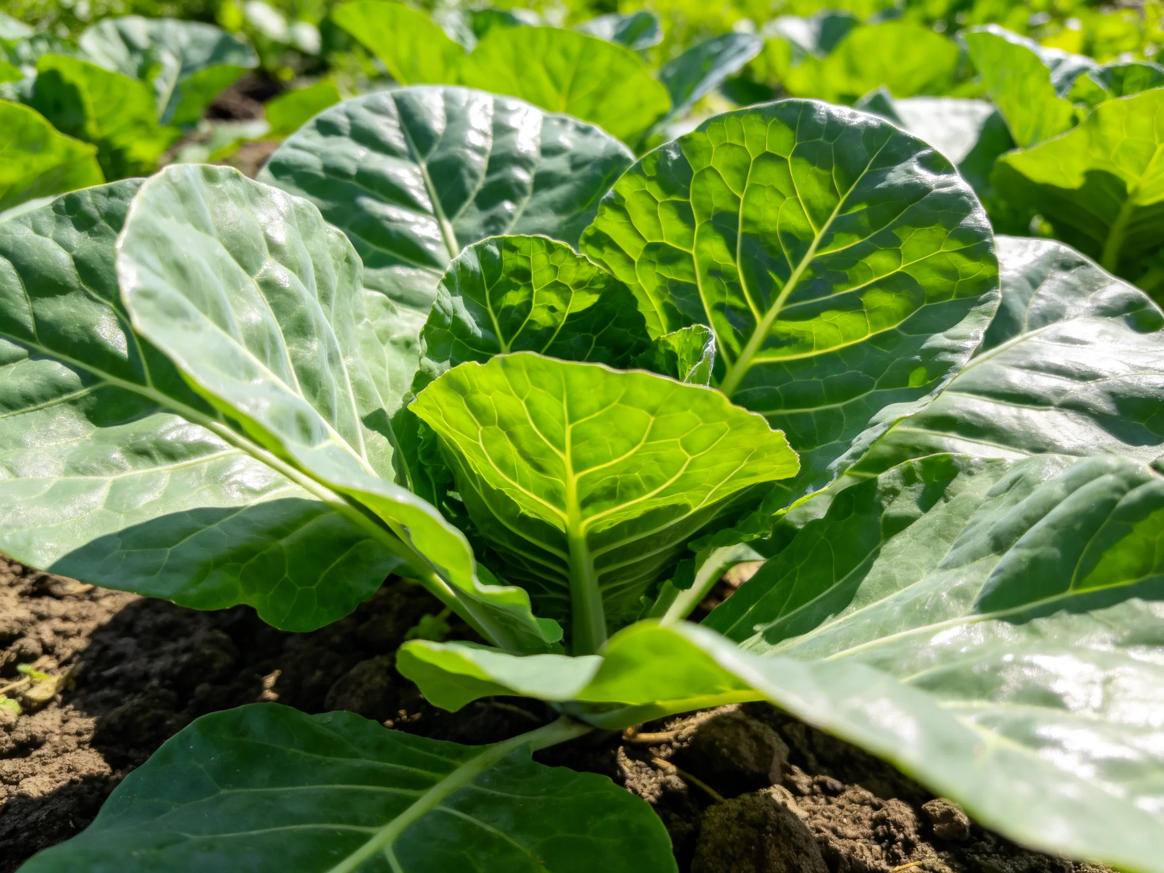 Large green leafy plants growing densely in dark brown soil