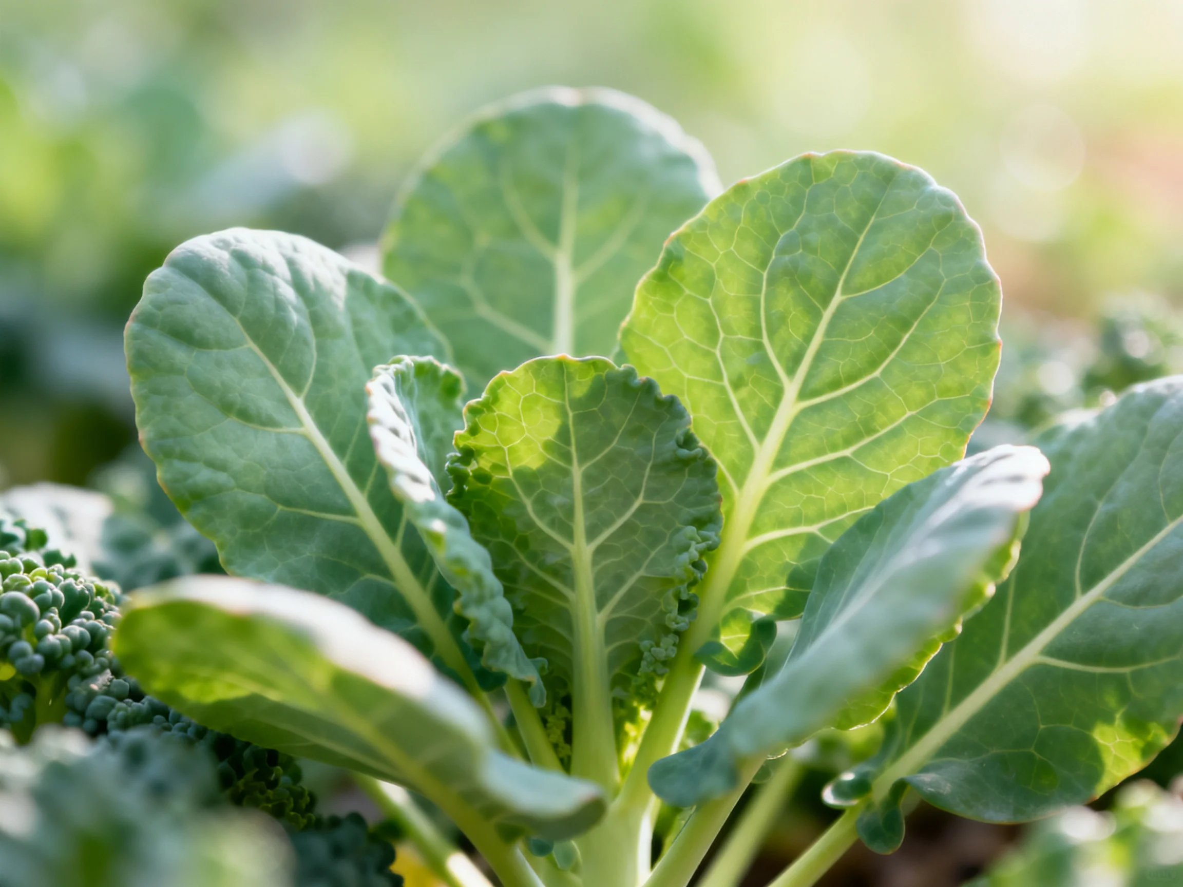 Large green leaves of leafy vegetables illuminated by soft natural light