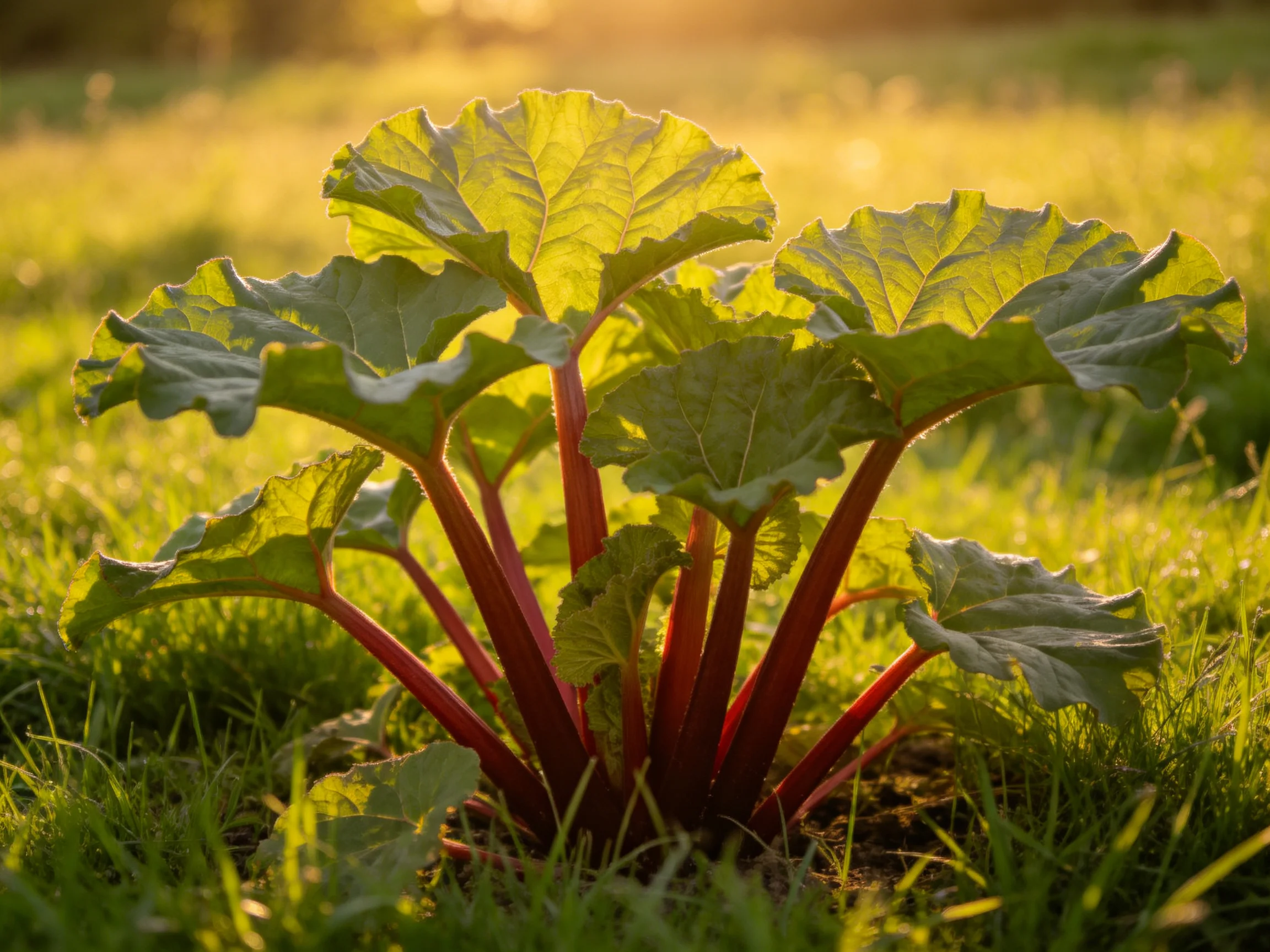 Large-leaved plant with crimson stems thriving in golden-hour grassland