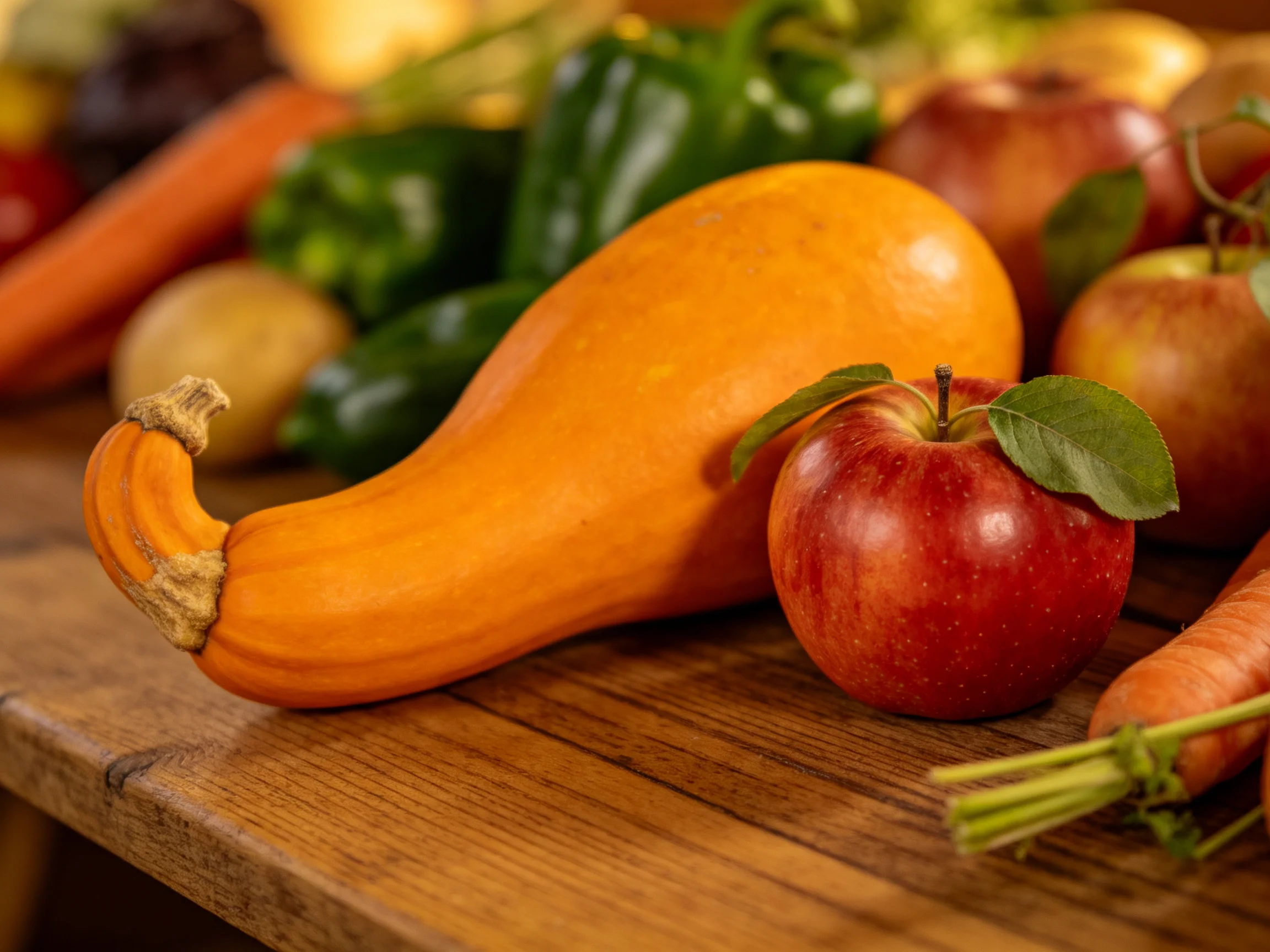 Large orange squash, red apples, carrots, and peppers arranged on wooden table