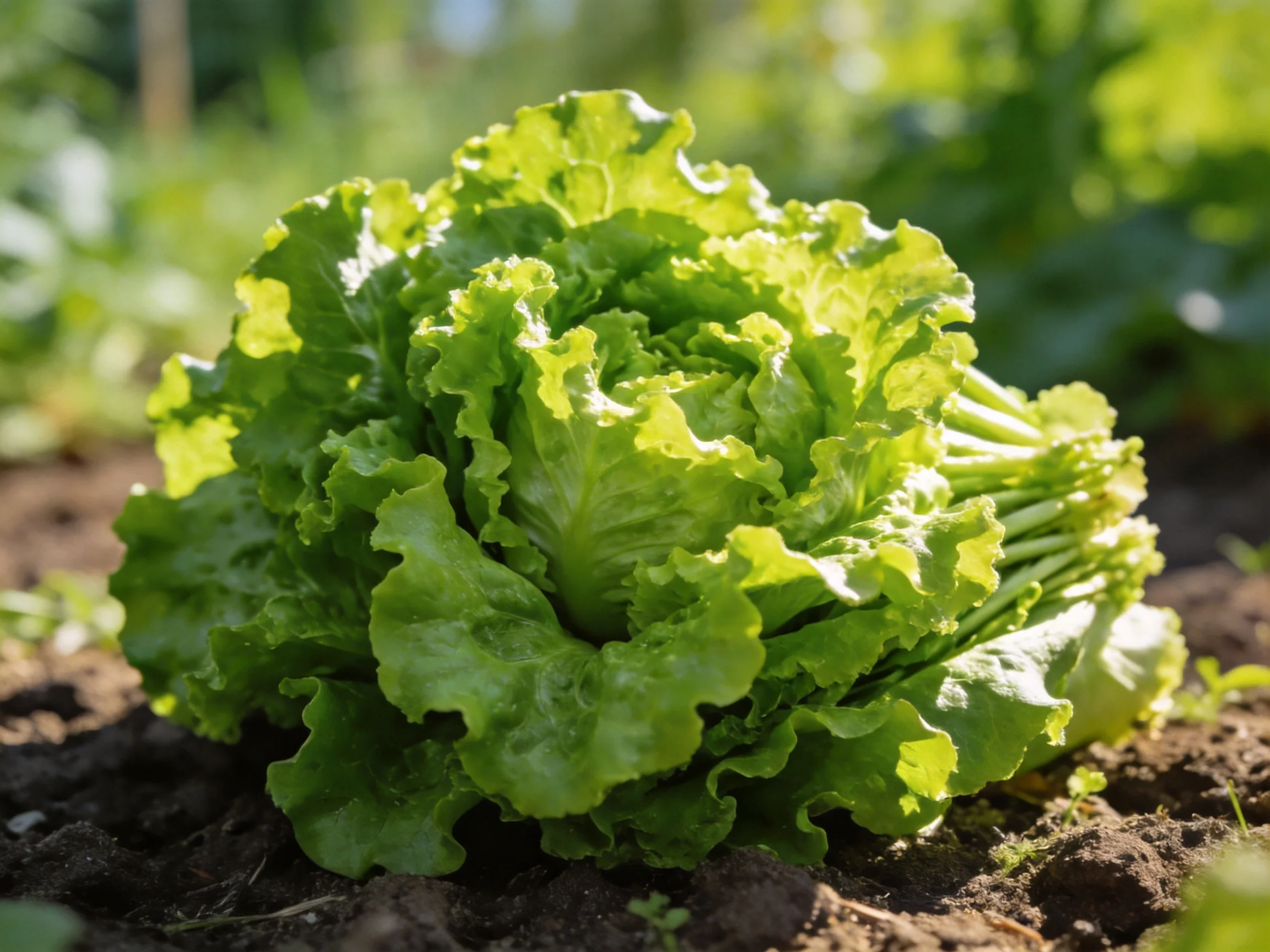 Large vibrant green lettuce head growing in fertile dark soil among garden vegetation