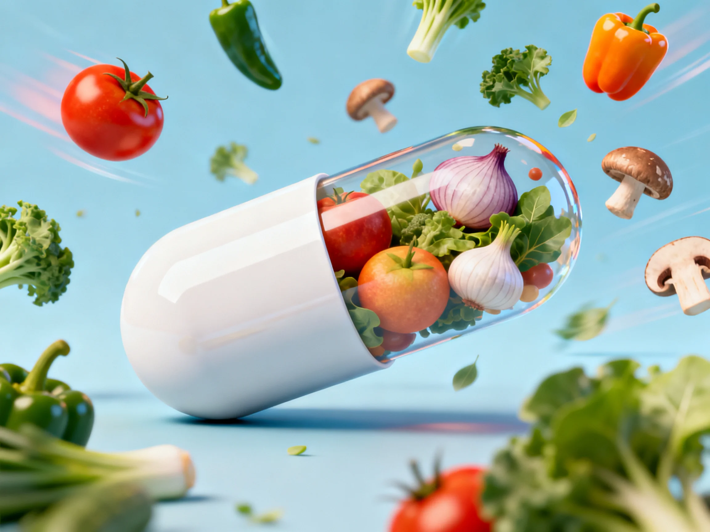 Large white pill capsule filled with colorful vegetables, produce floating around
