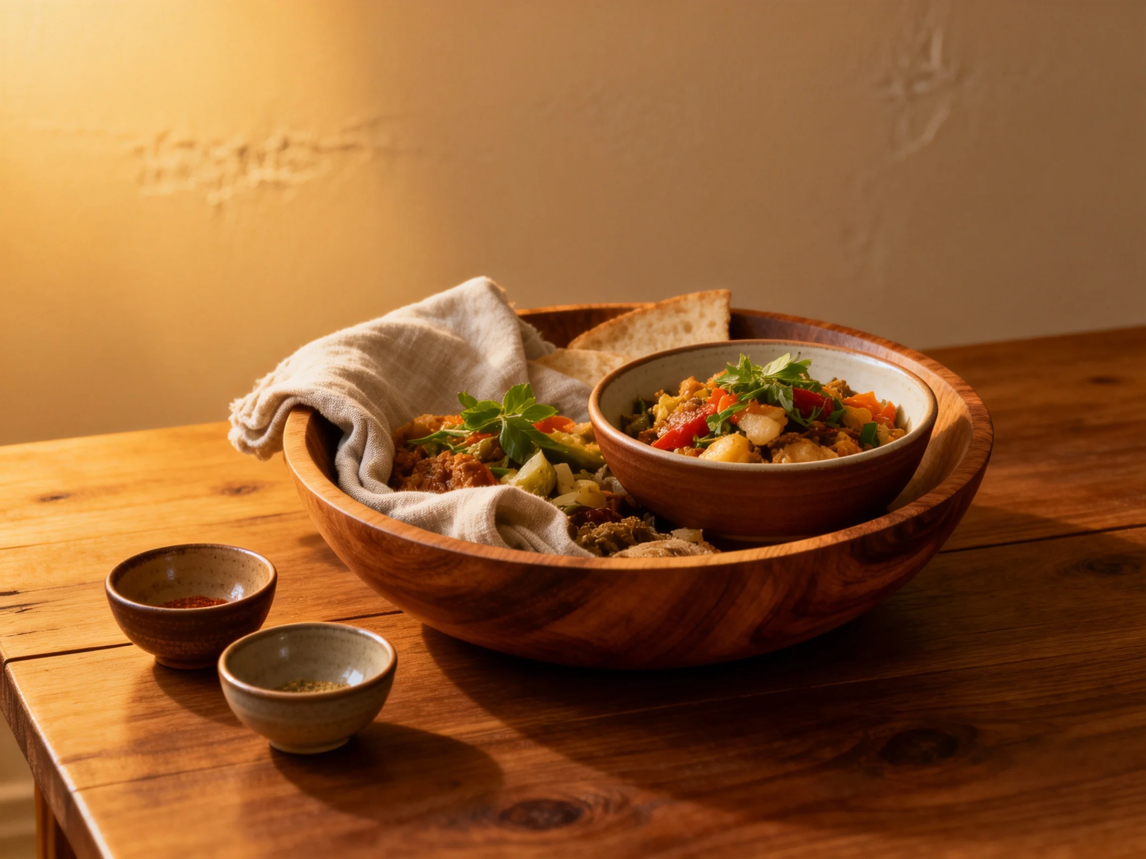Large wooden bowl with mixed vegetable dish, flatbread, and spice containers on rustic wooden table