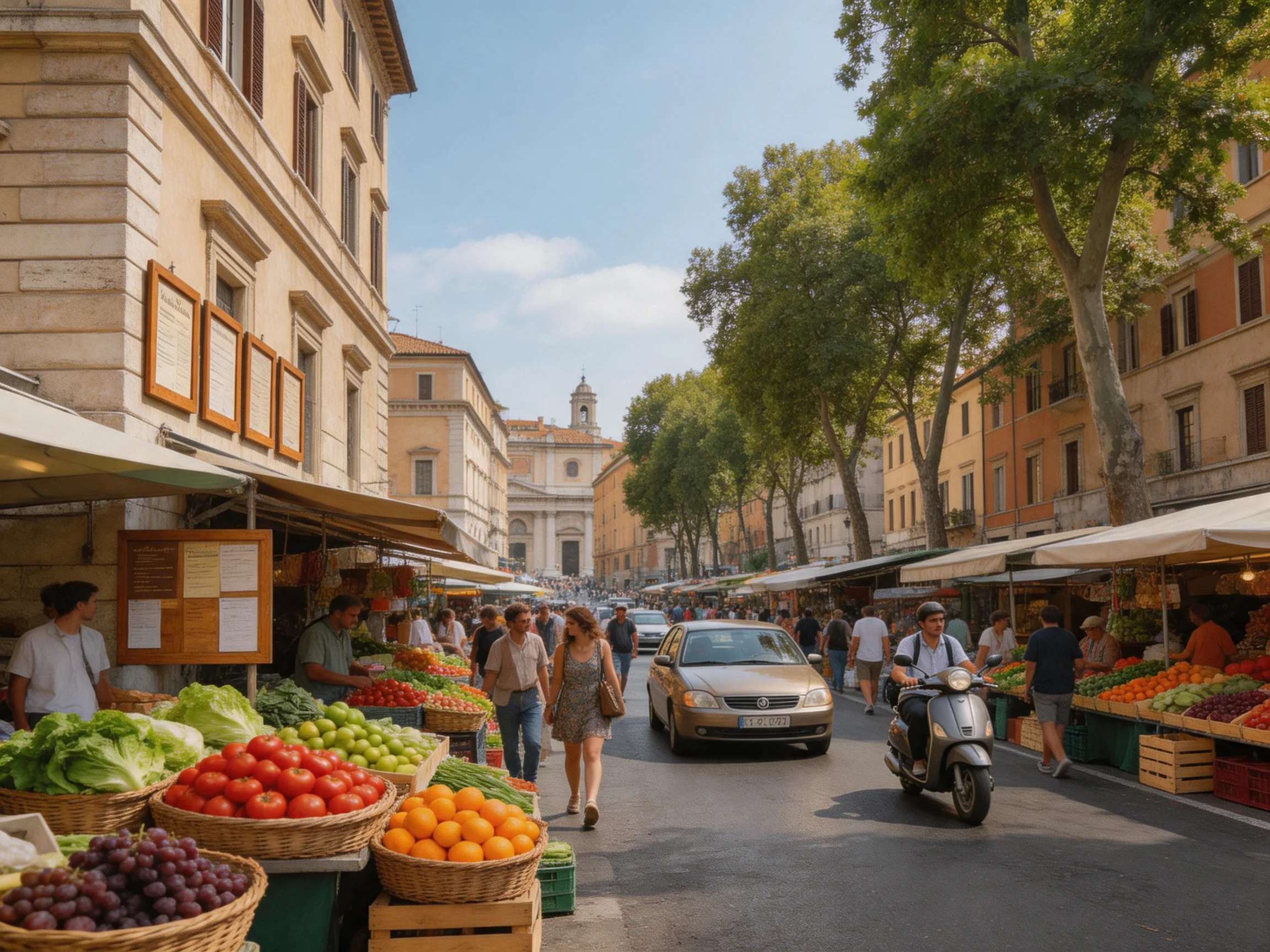 Lively urban street market with colorful fruits, pedestrians, and vehicles