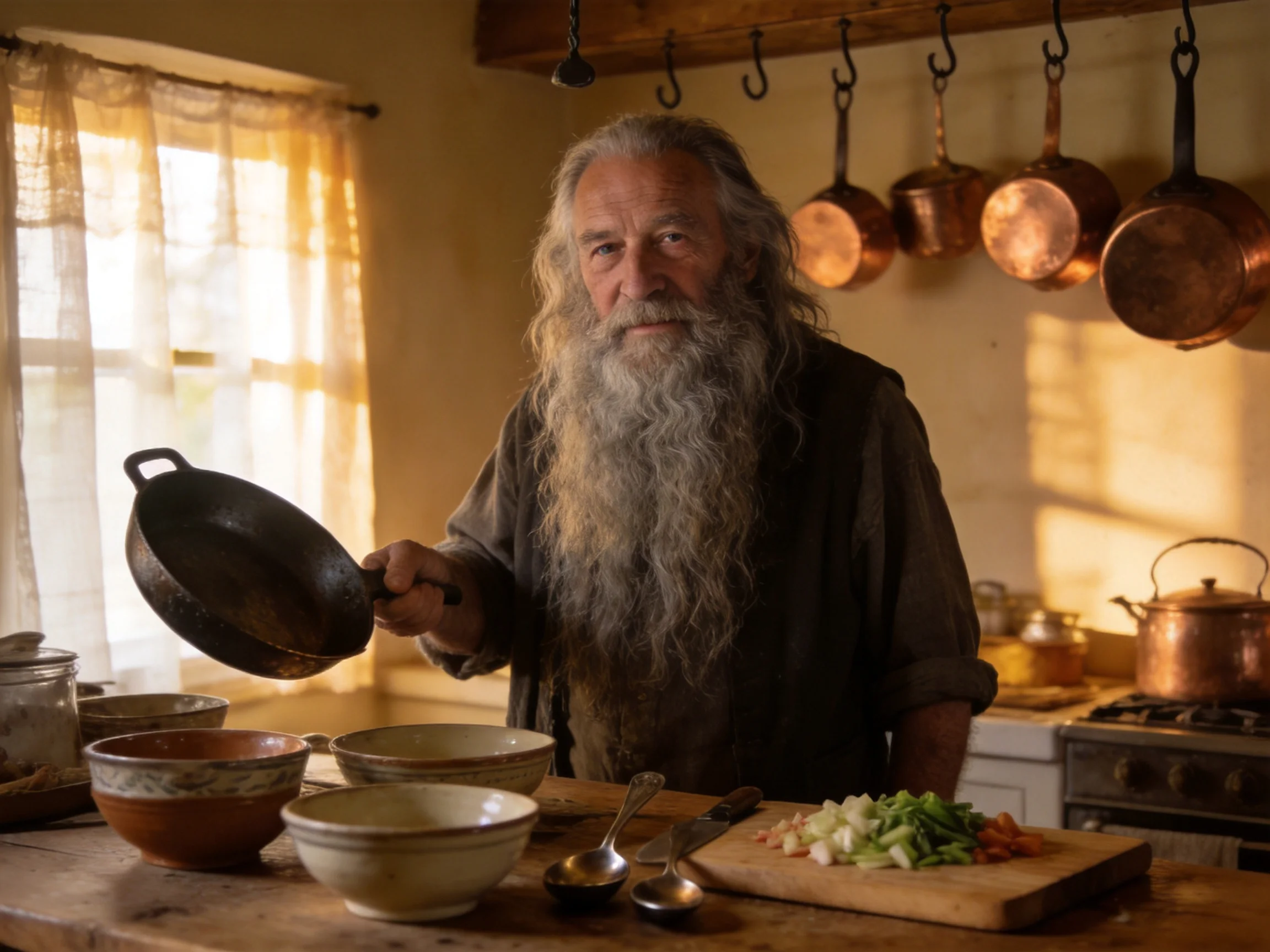 Long-bearded man cooking in rustic kitchen with copperware and wooden counter