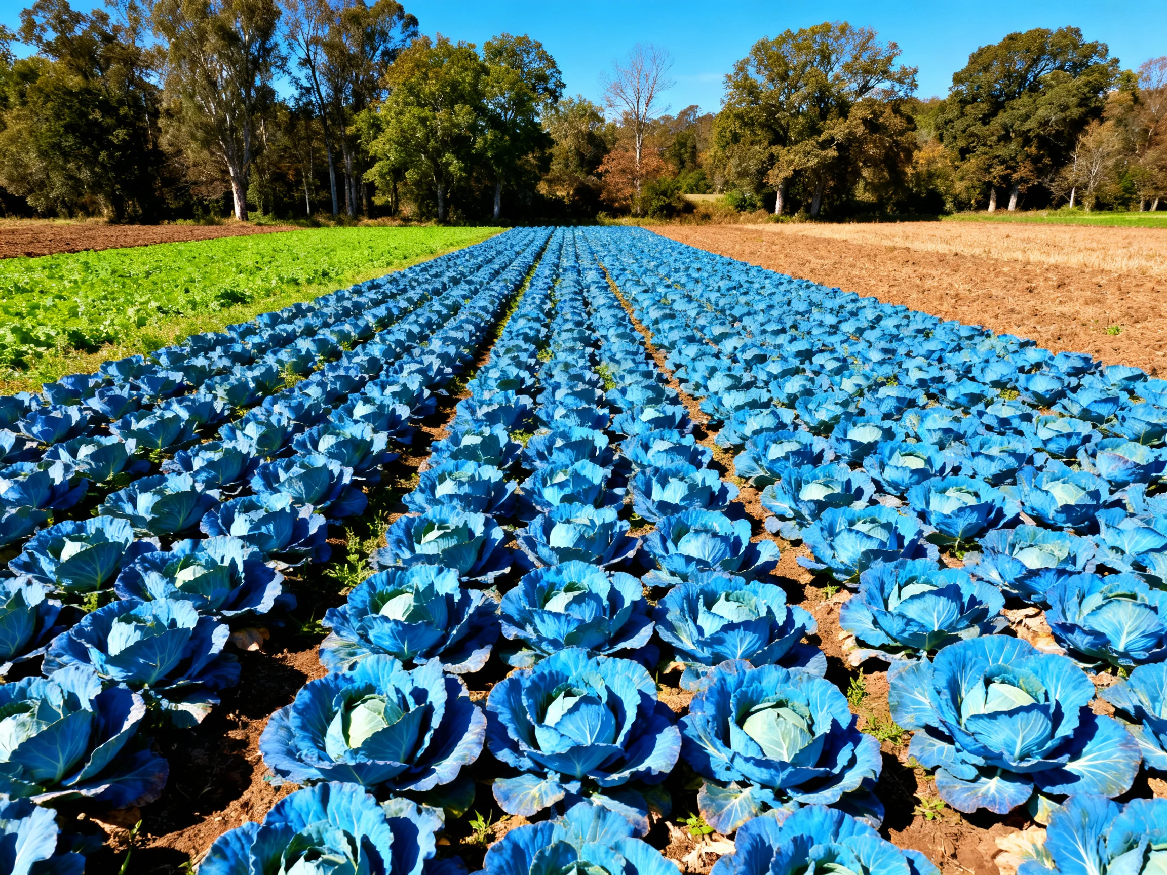 Long rows of vivid blue cabbage plants extend across a structured farm field.