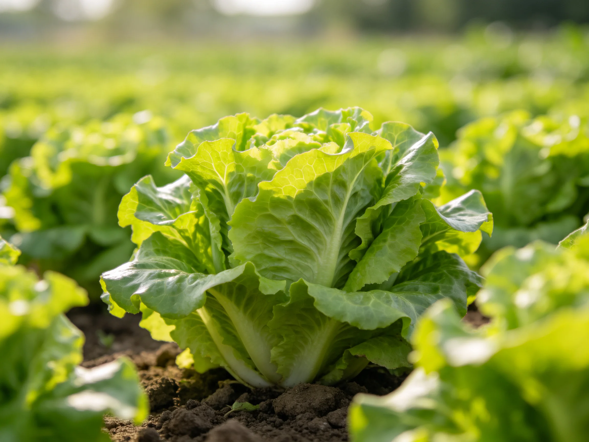 Lush field of vibrant green lettuce plants in organized rows