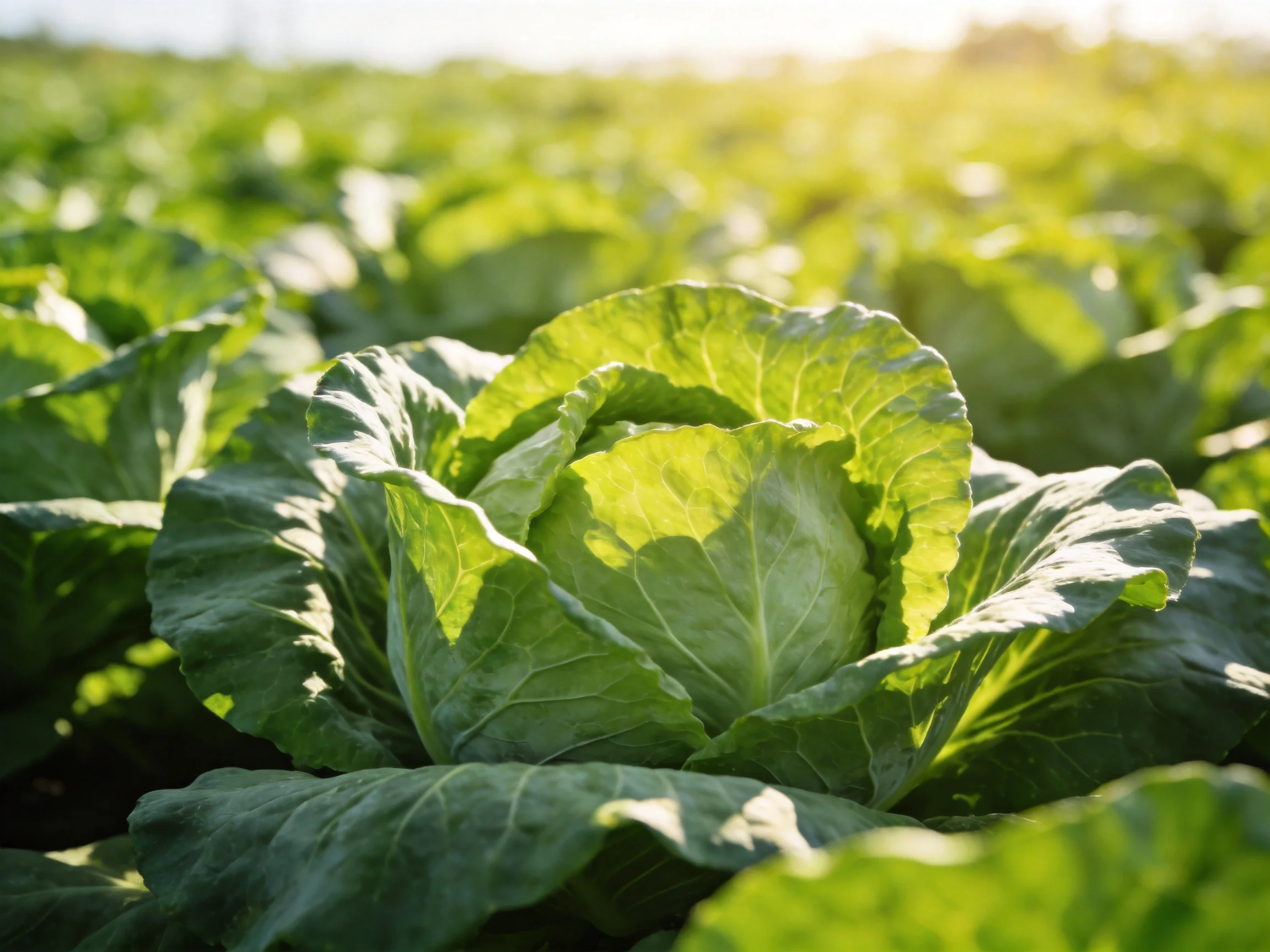 Lush green cabbage crops illuminated by warm sunlight in an expansive farm field