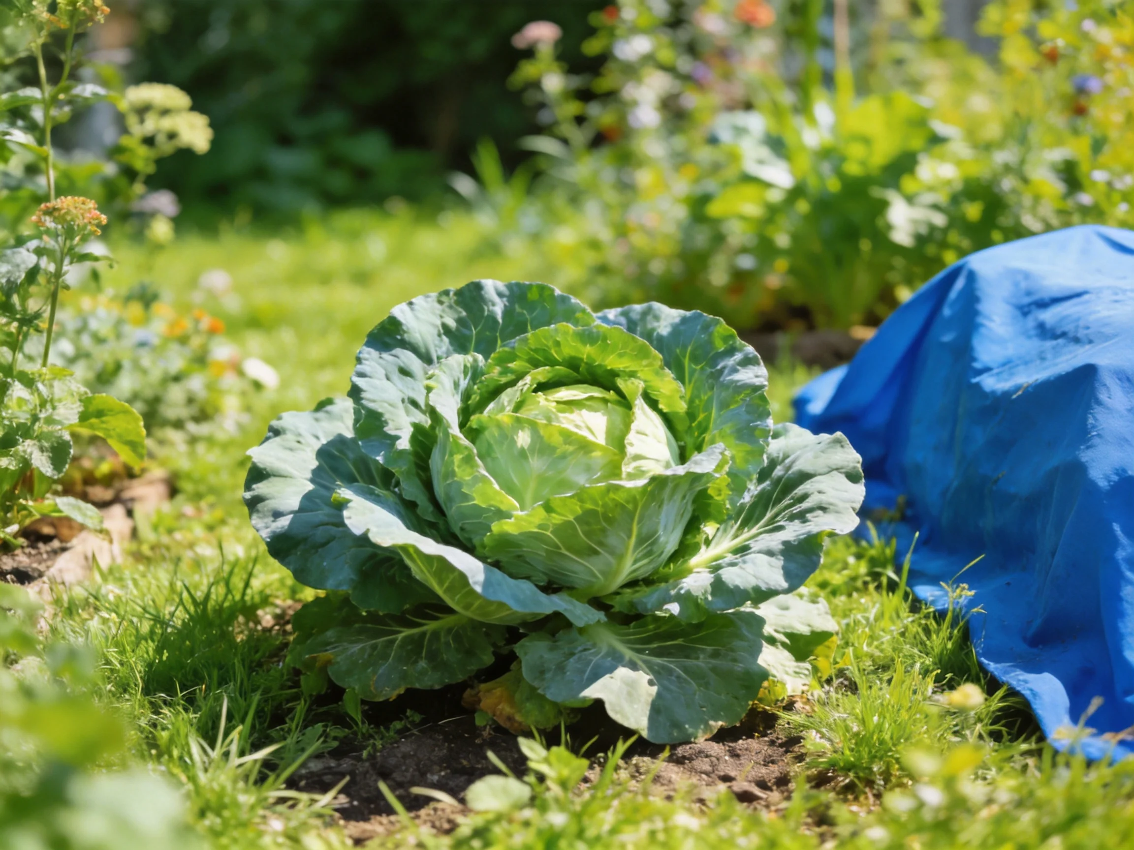 Lush green cabbage growing beside blue tarp in sunlit garden