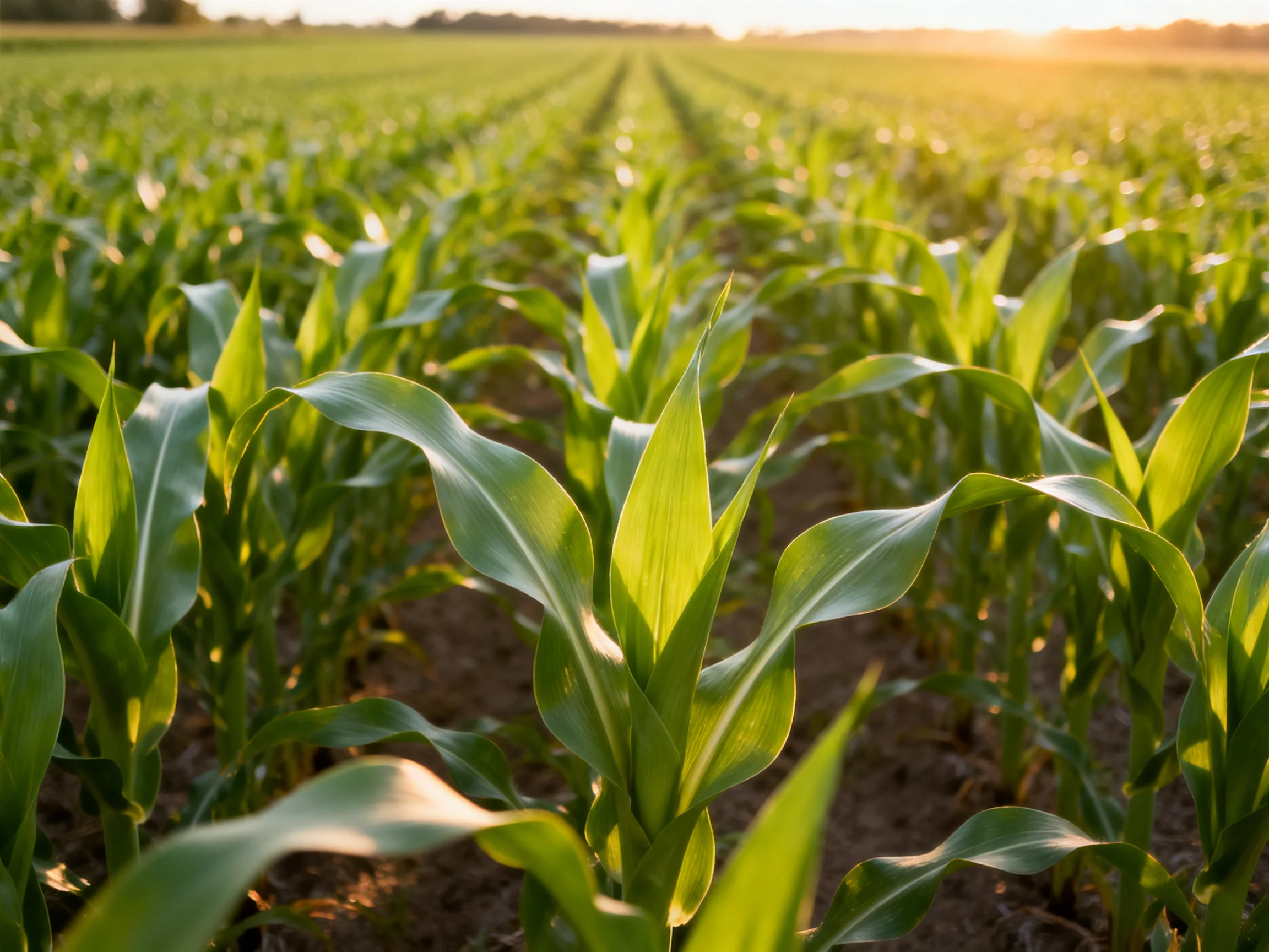 Lush green cornfield with rows stretching into golden sunlight