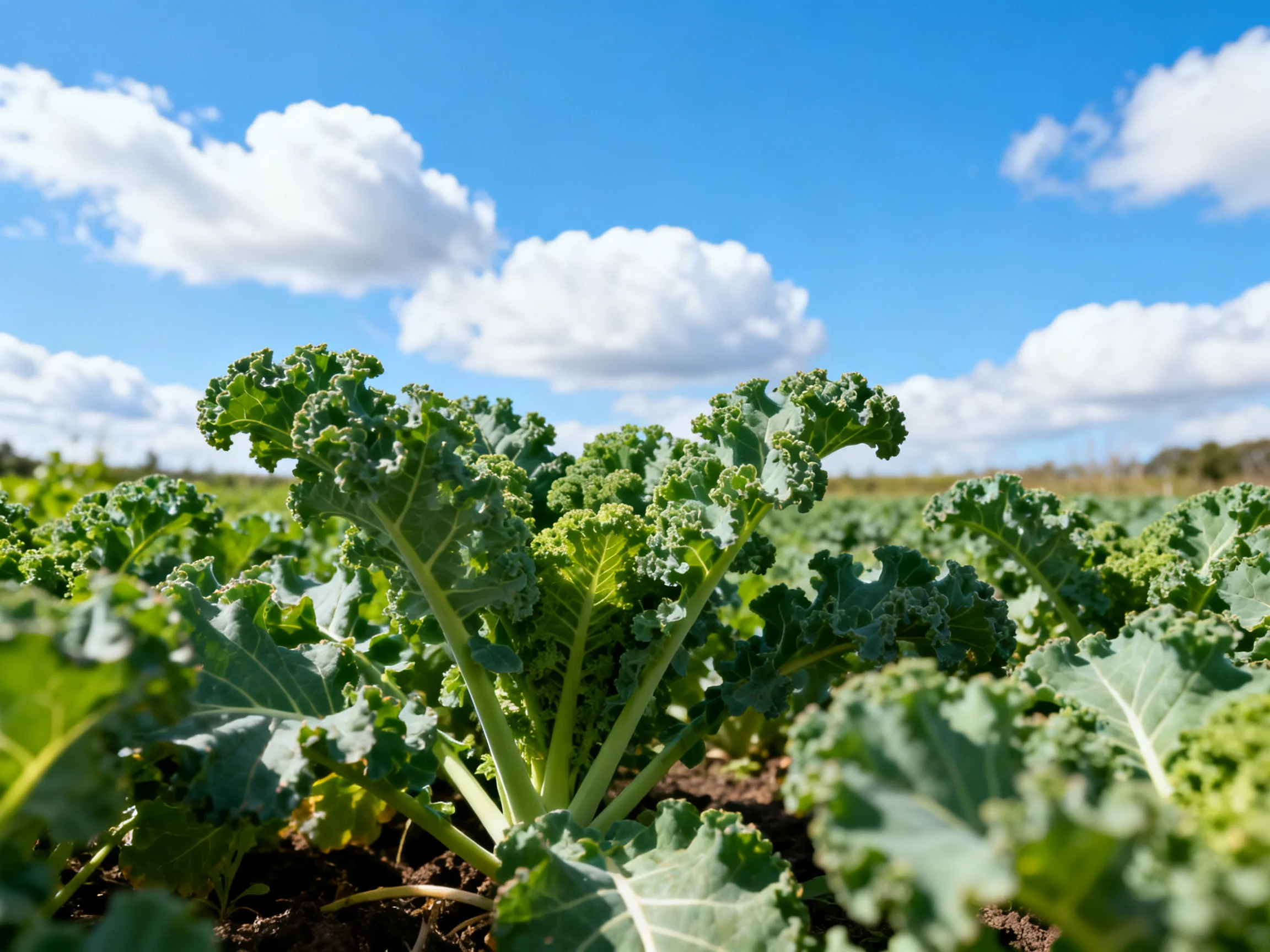 Lush green kale plants thrive in a sun-drenched field with scattered white clouds