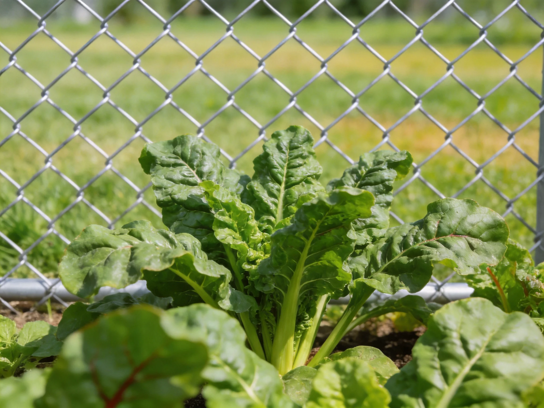 Lush green leafy vegetable plant near silver chain-link fence