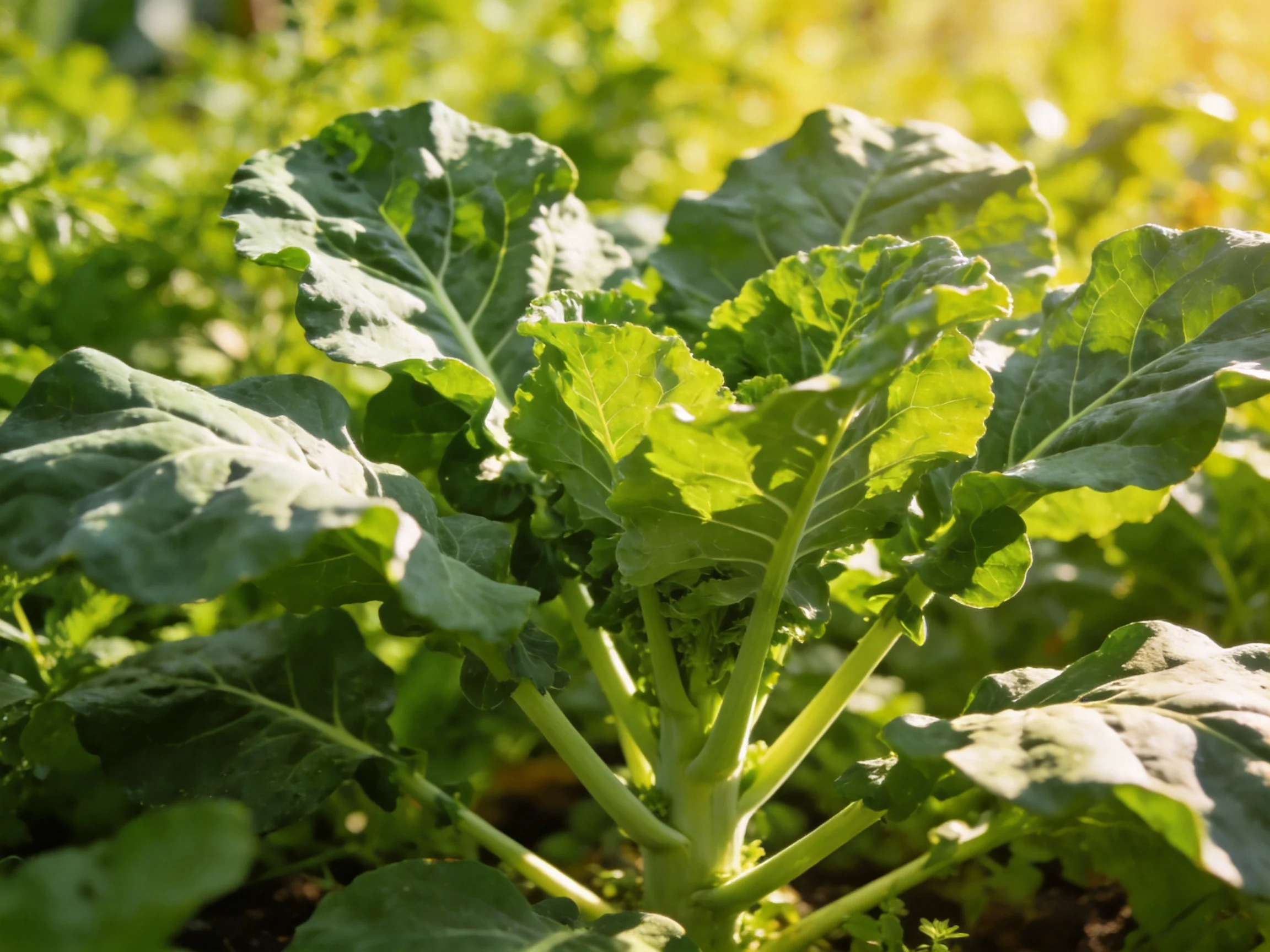 Lush green leafy vegetables thriving in a sun-drenched garden bed