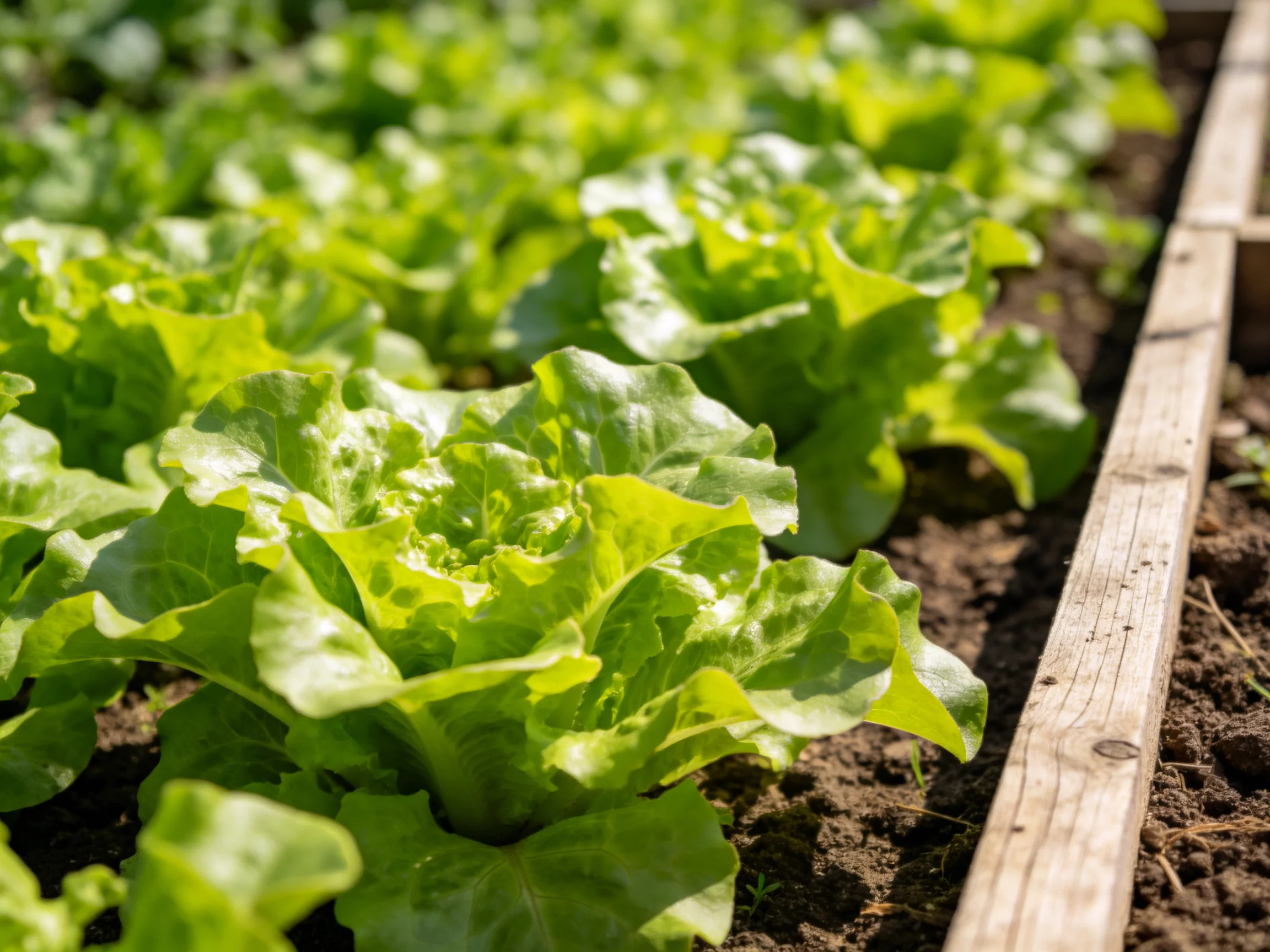 Lush green lettuce grown in neatly arranged garden rows with wooden borders