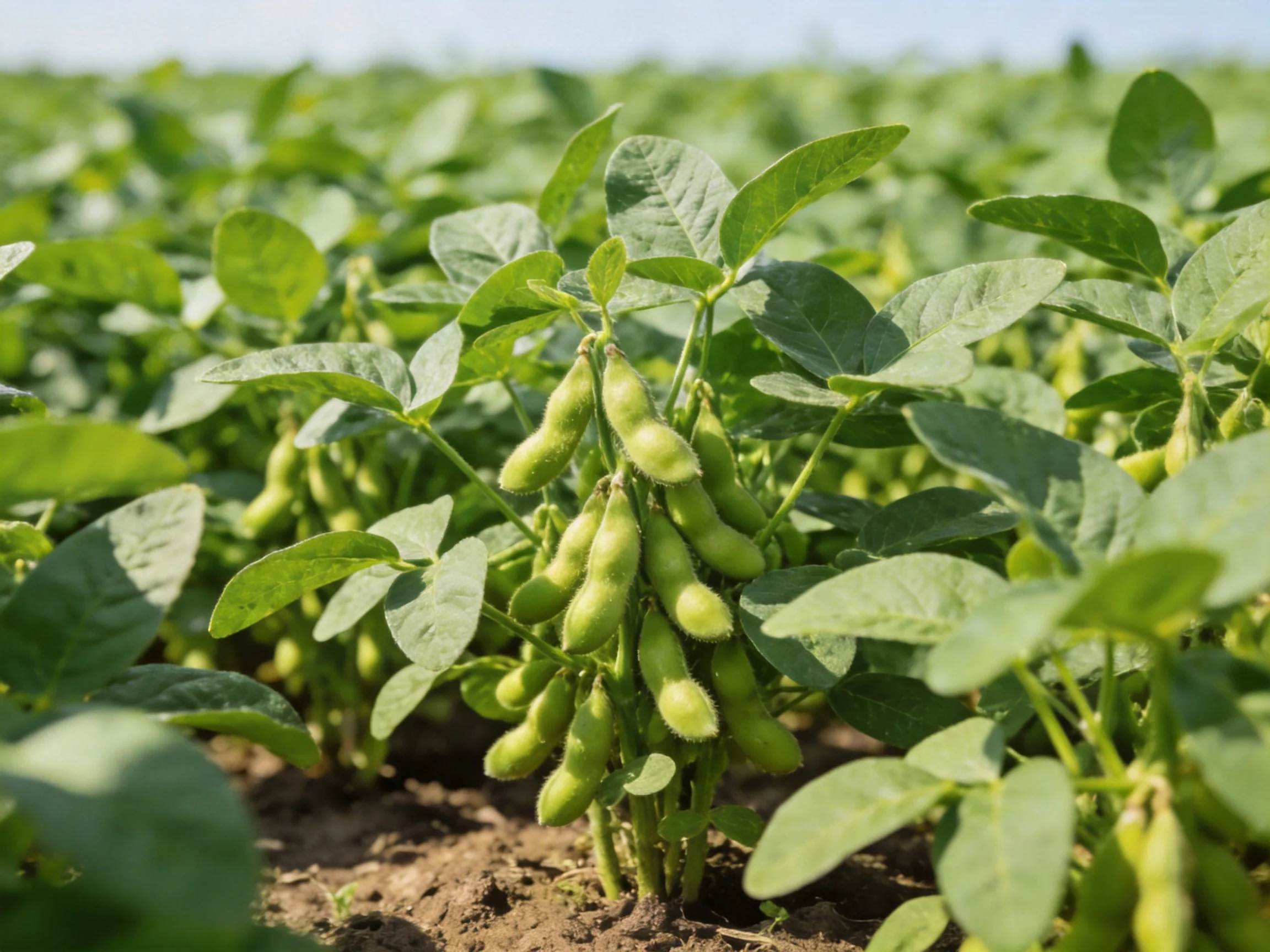 Lush green soybean field with numerous unripe pods thriving under bright sunlight