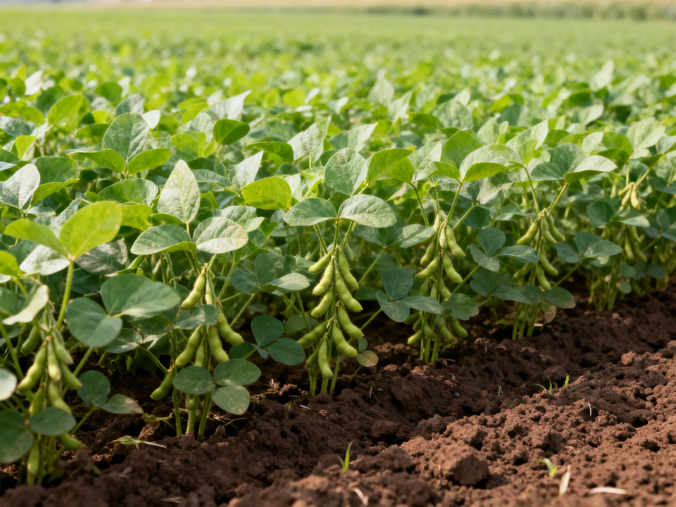 Lush green soybean plants in a field with neatly tilled brown soil