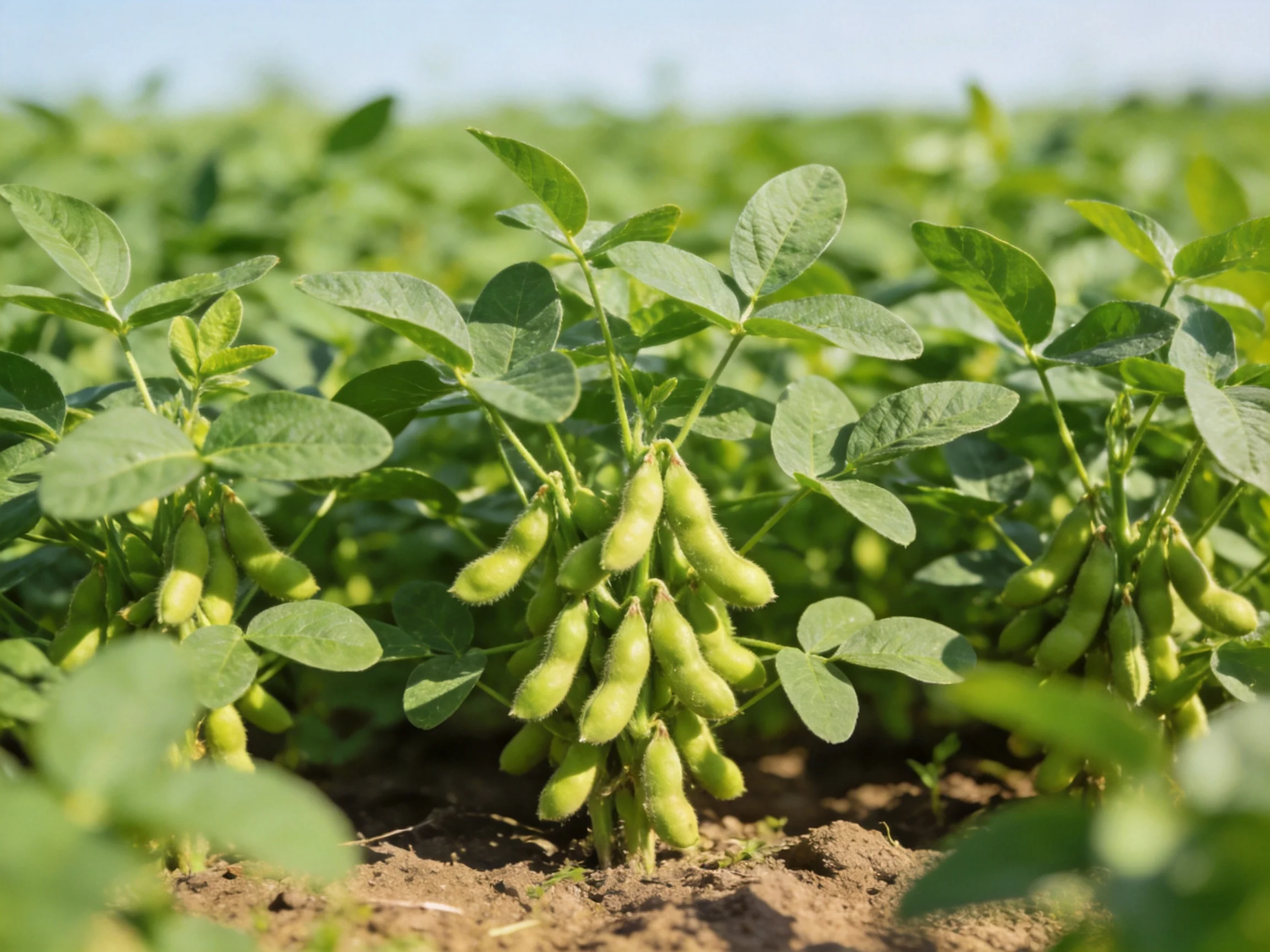 Lush green soybean plants thrive in a managed farmfield