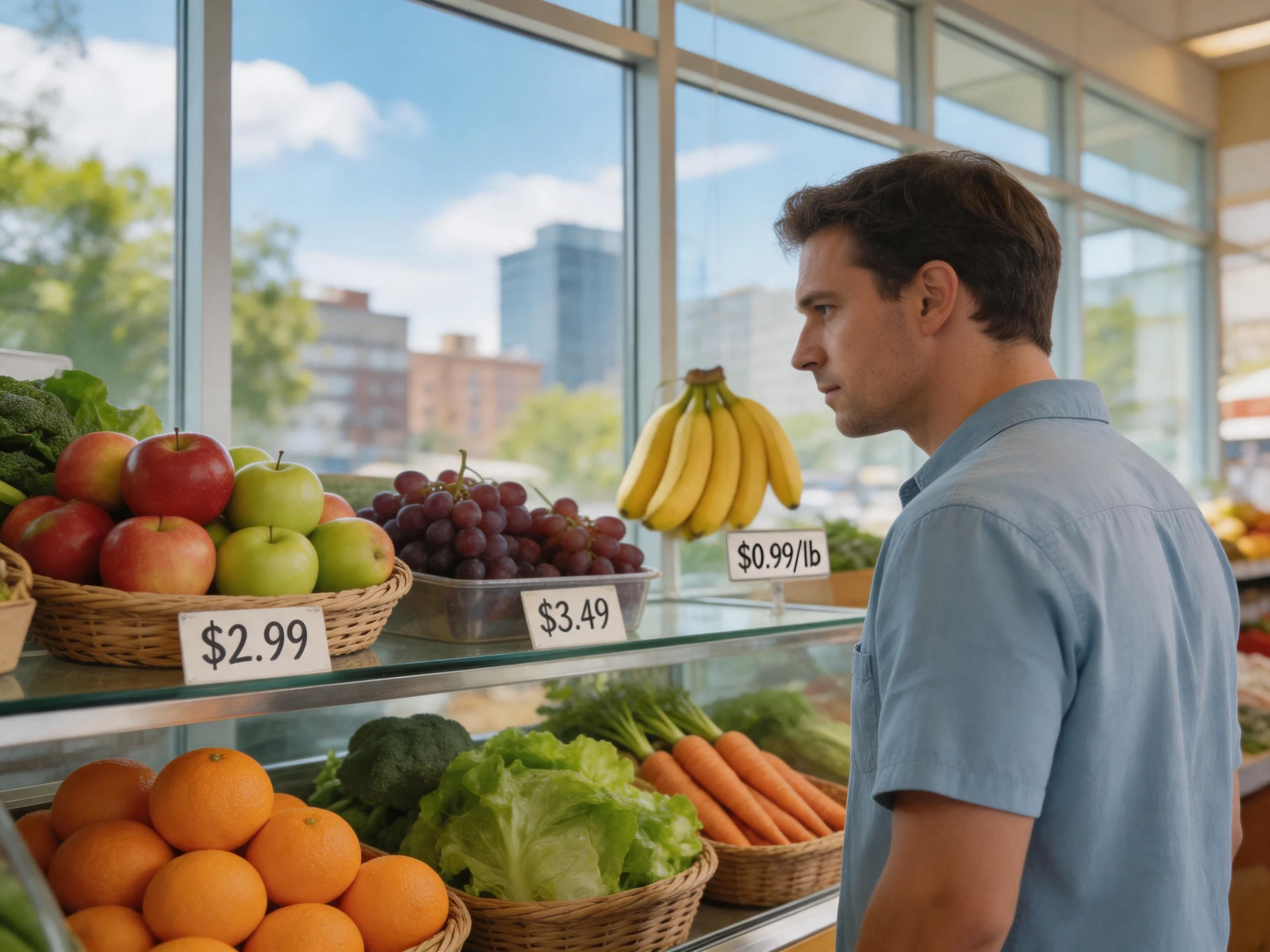 Man browsing fresh fruits and vegetables at a sunlit grocery store display