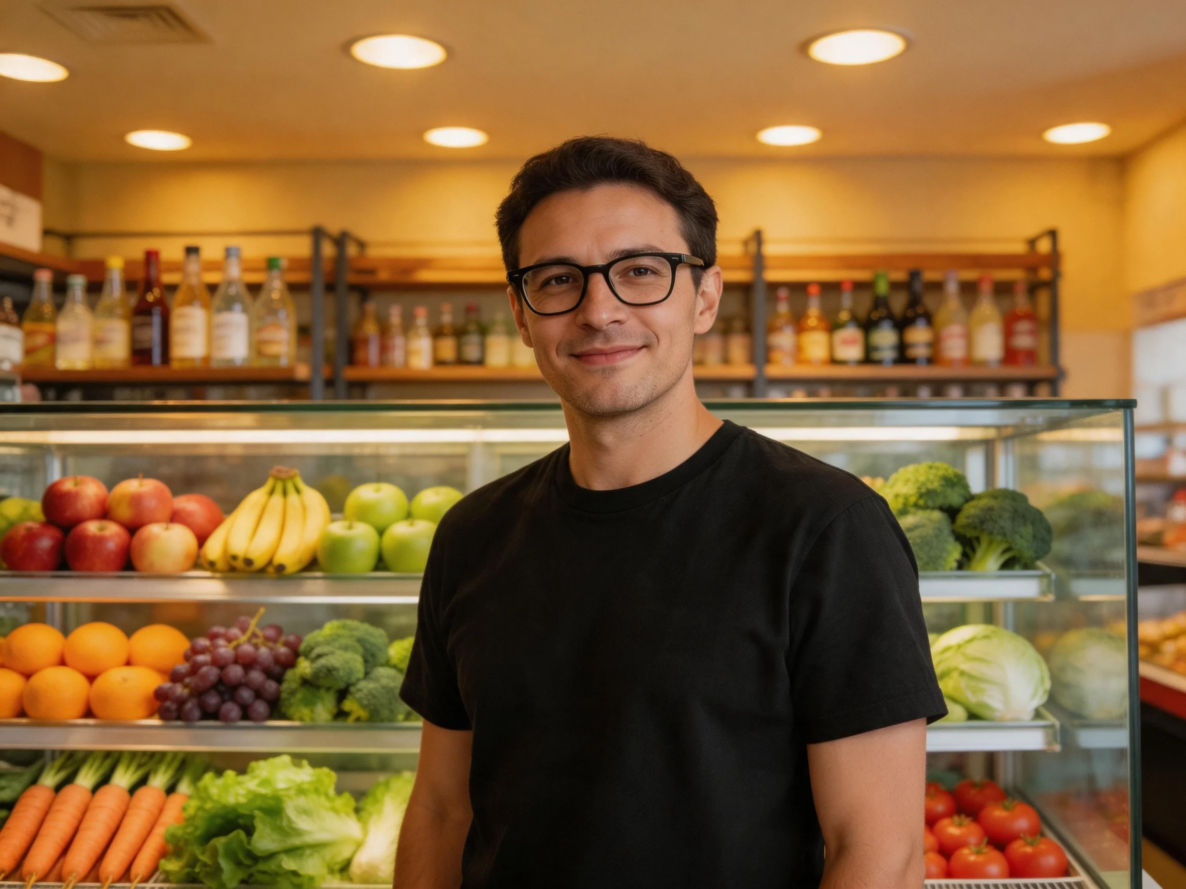 Man in black shirt beside glass display of fresh fruits and vegetables