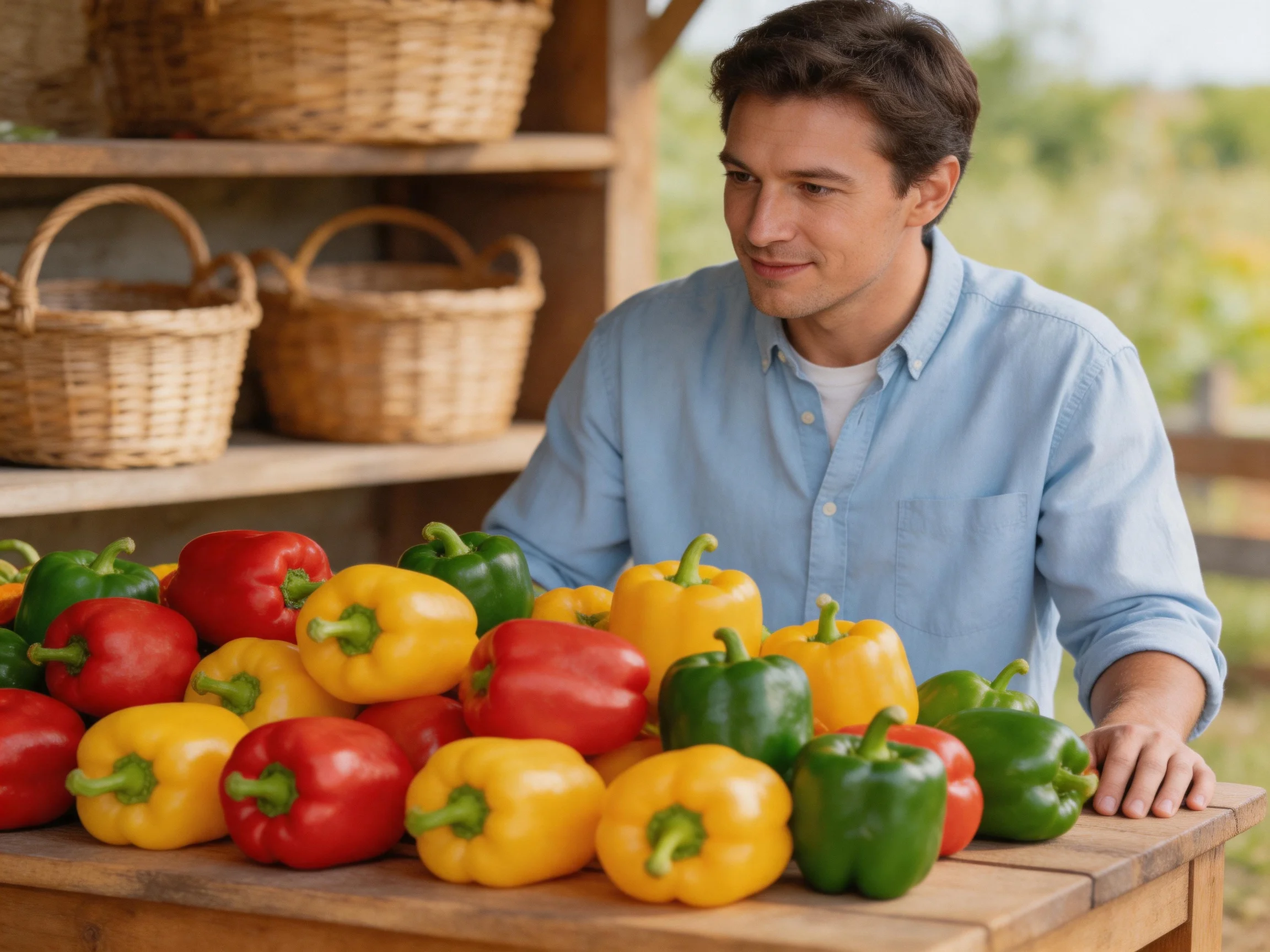Man showcasing assorted colored bell peppers next to wicker storage baskets