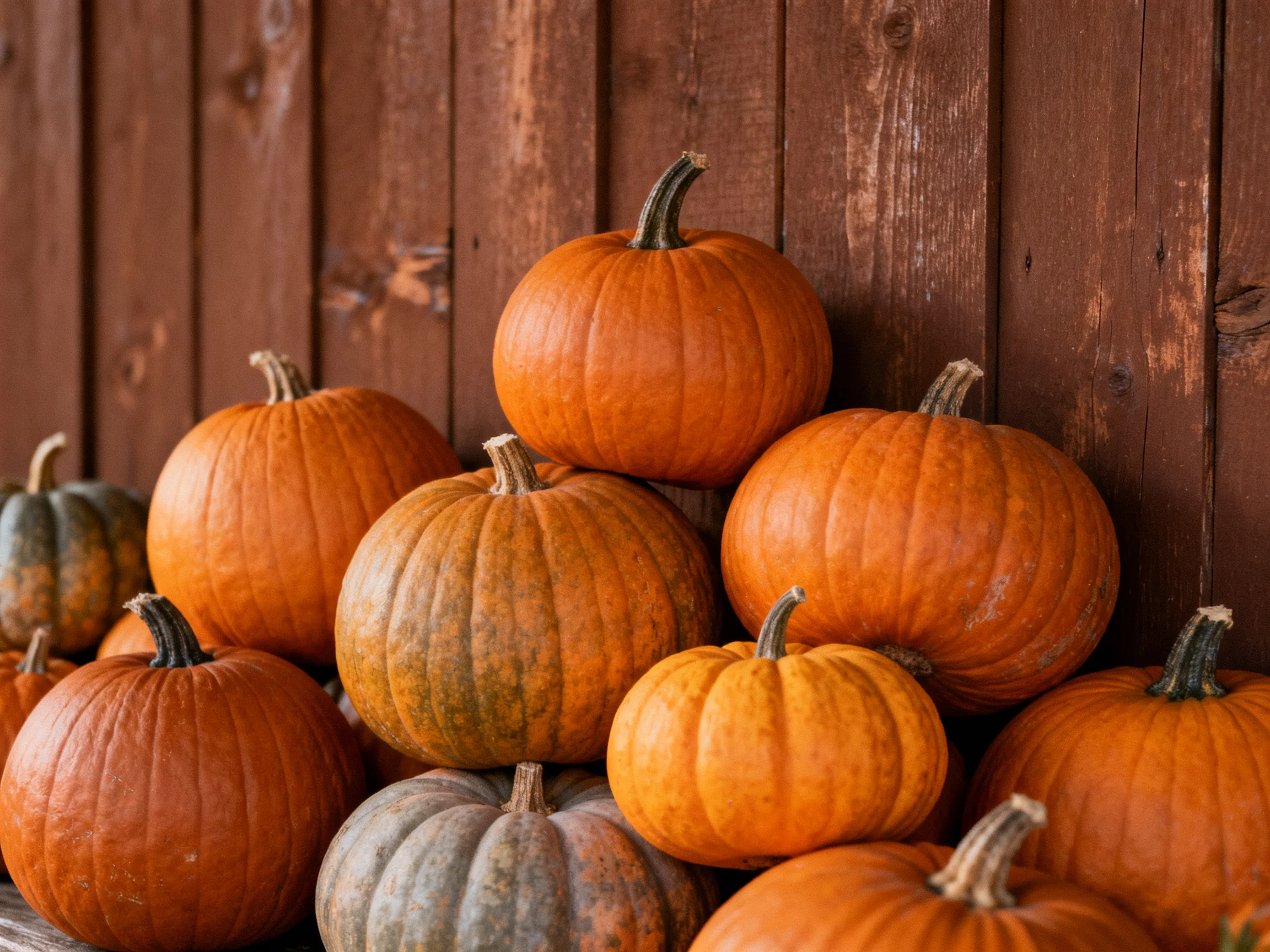 Many assorted-sized orange and gray pumpkins stacked near a rustic wooden wall