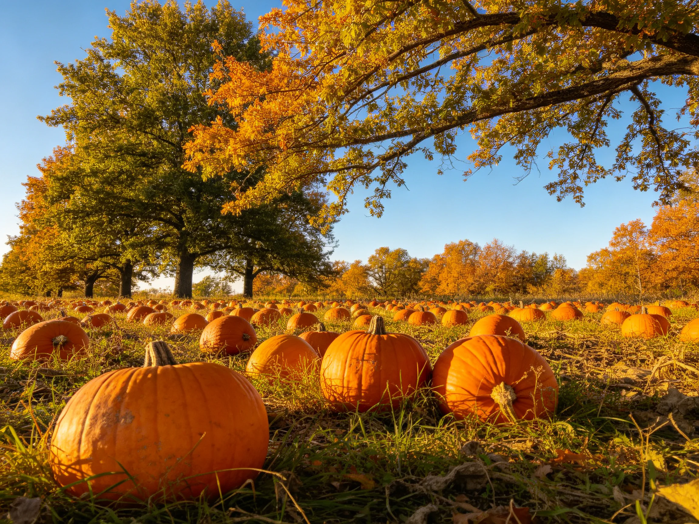 Many bright orange pumpkins in an autumn field with colorful trees