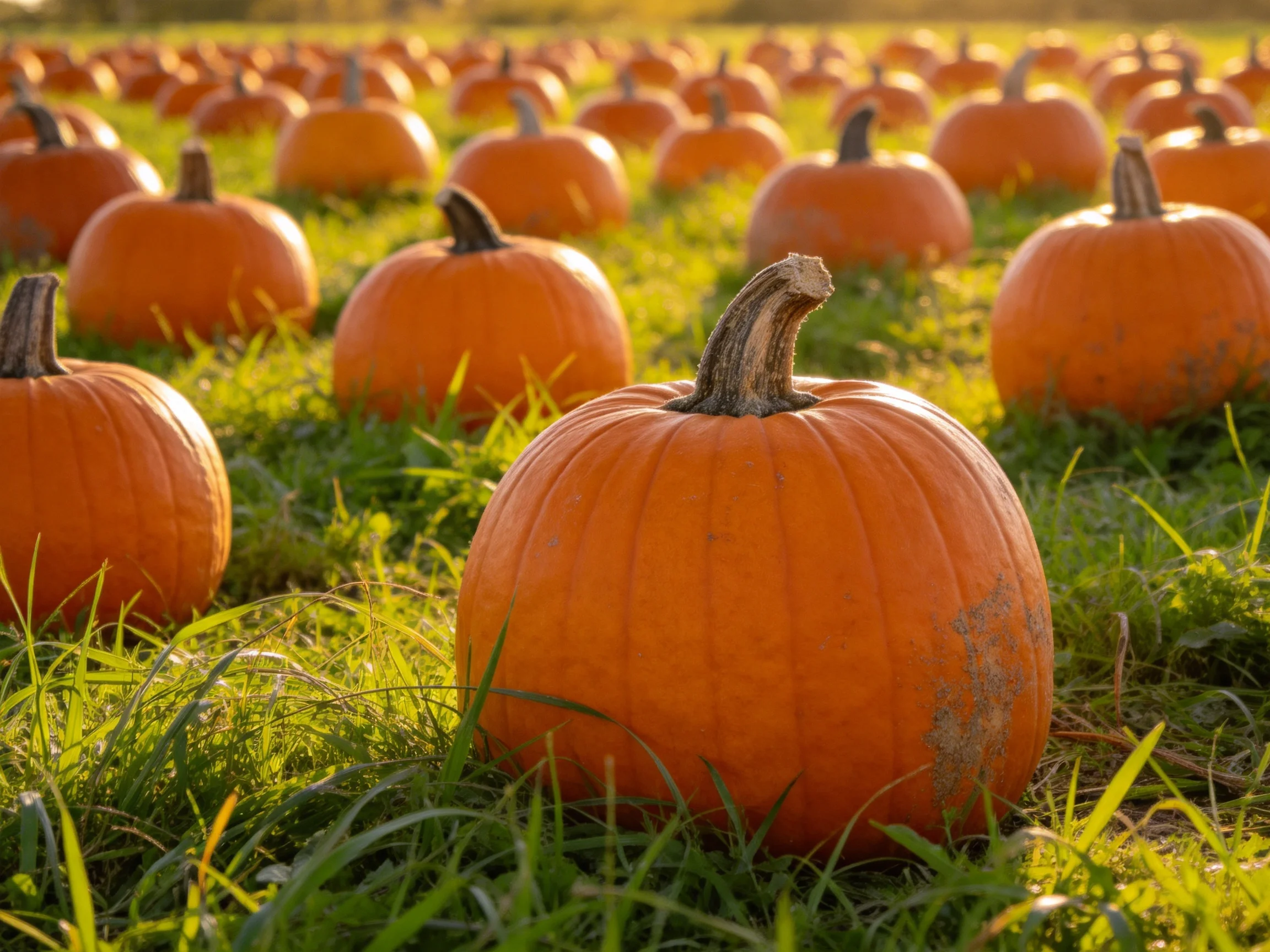 Many bright orange pumpkins scattered across a sunlit grassy field
