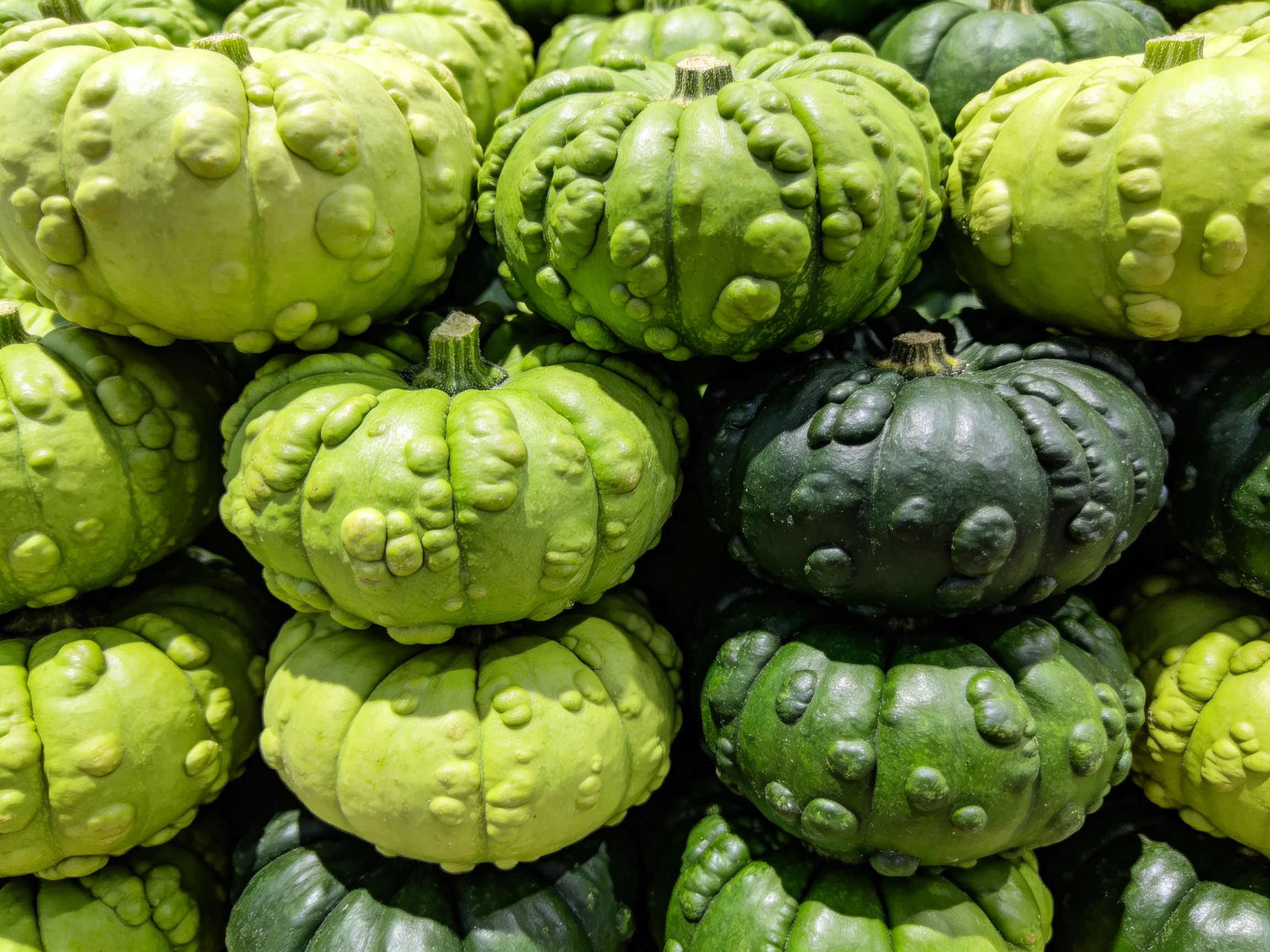Many green, bumpy gourds stacked in a textured display