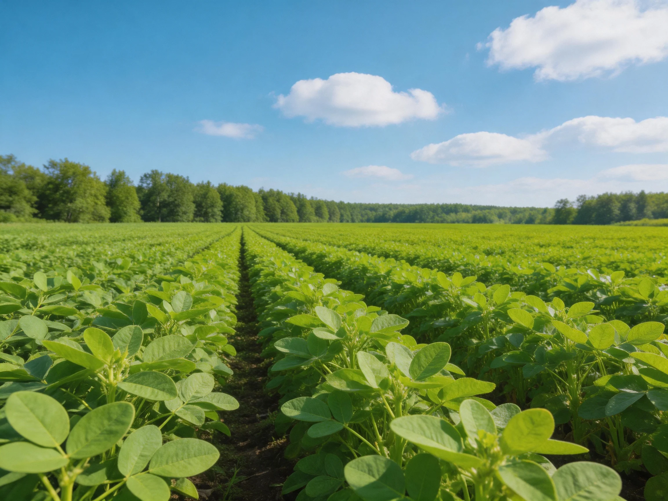 Many neatly arranged green crop rows stretch toward distant trees under bright sky