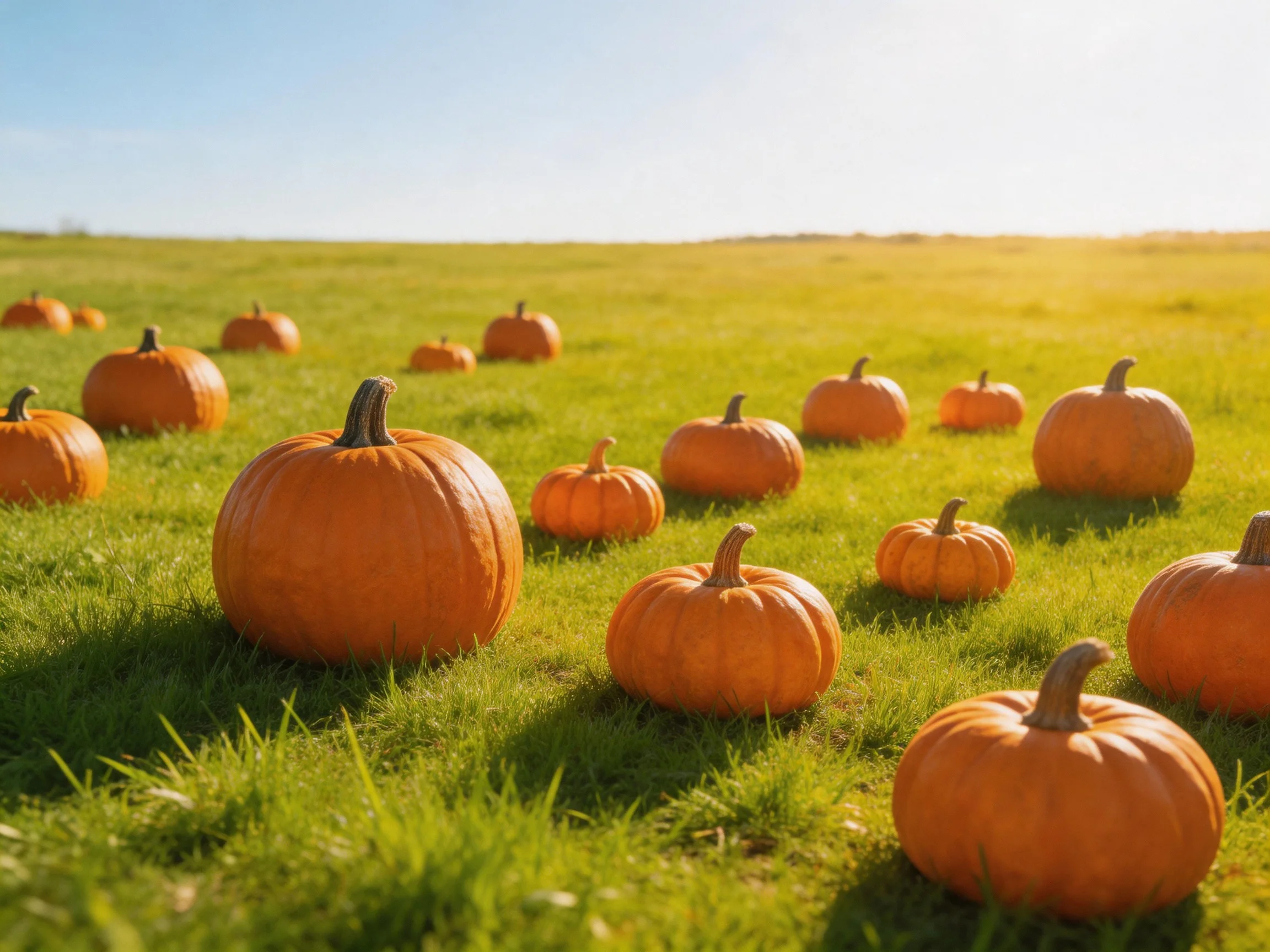 Many orange pumpkins scattered across a sunlit green field