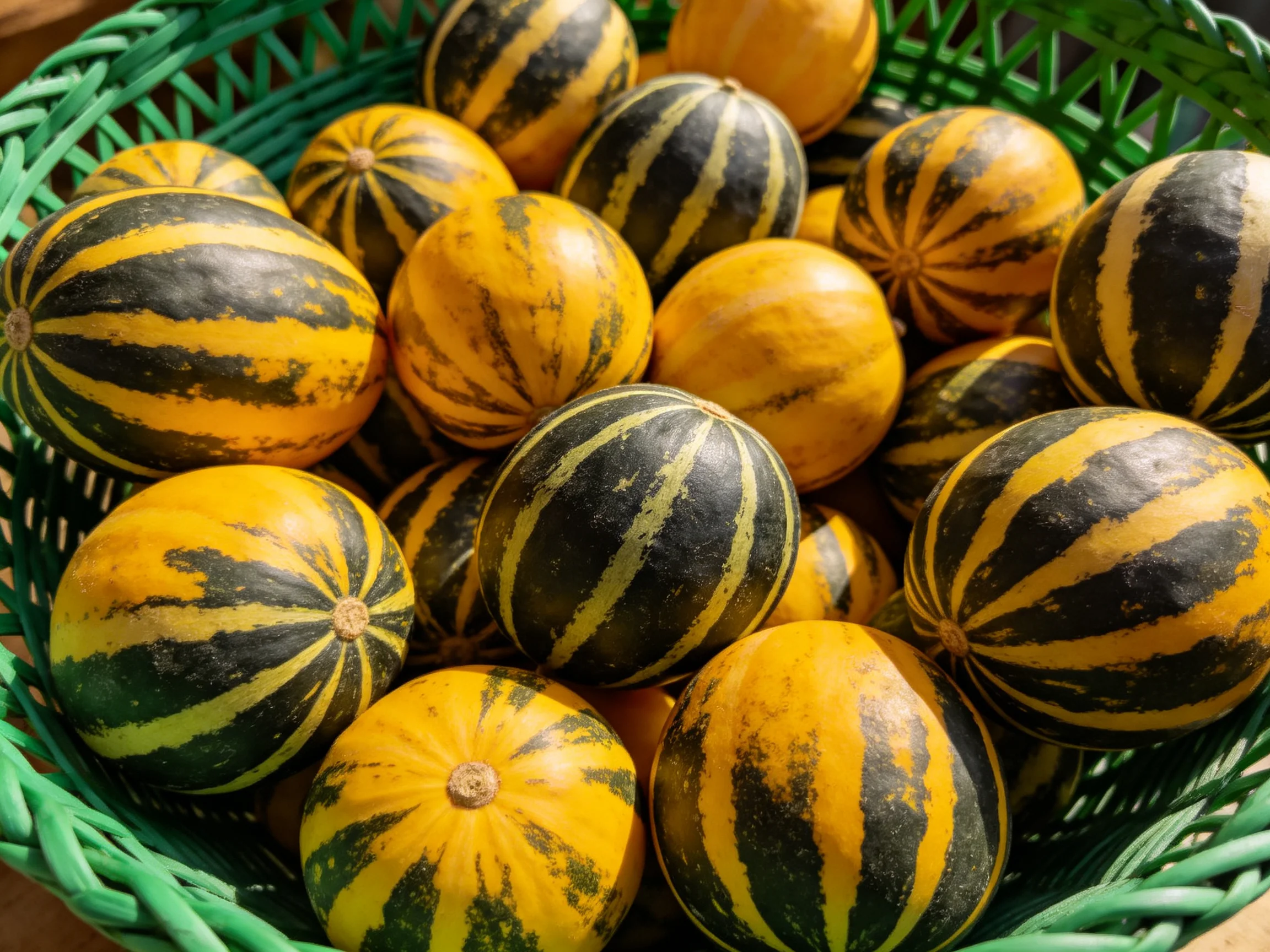 Many round yellow and dark green striped squashes fill a green wicker basket