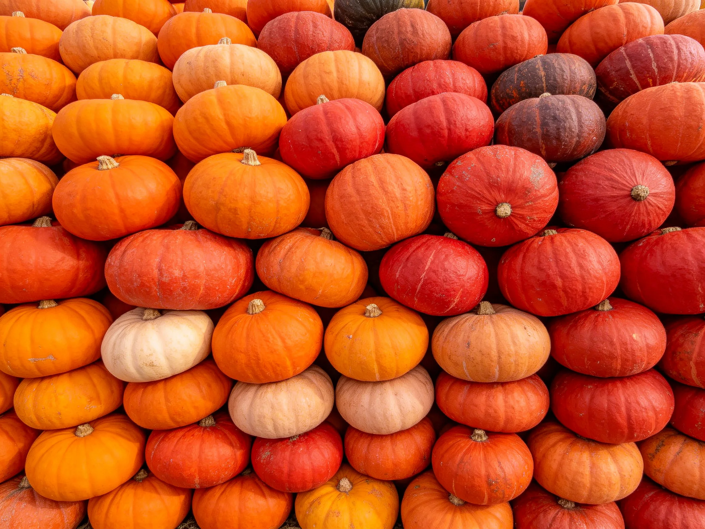 Many small pumpkins stacked in assorted autumn colors