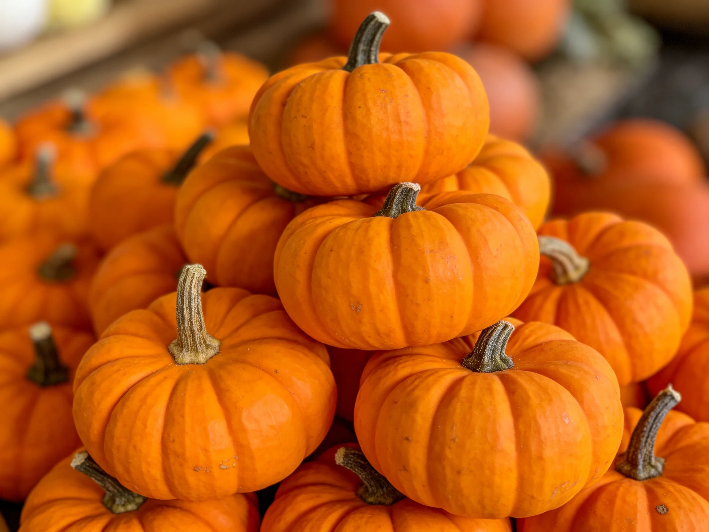 Many small vibrant orange pumpkins stacked in a pyramid