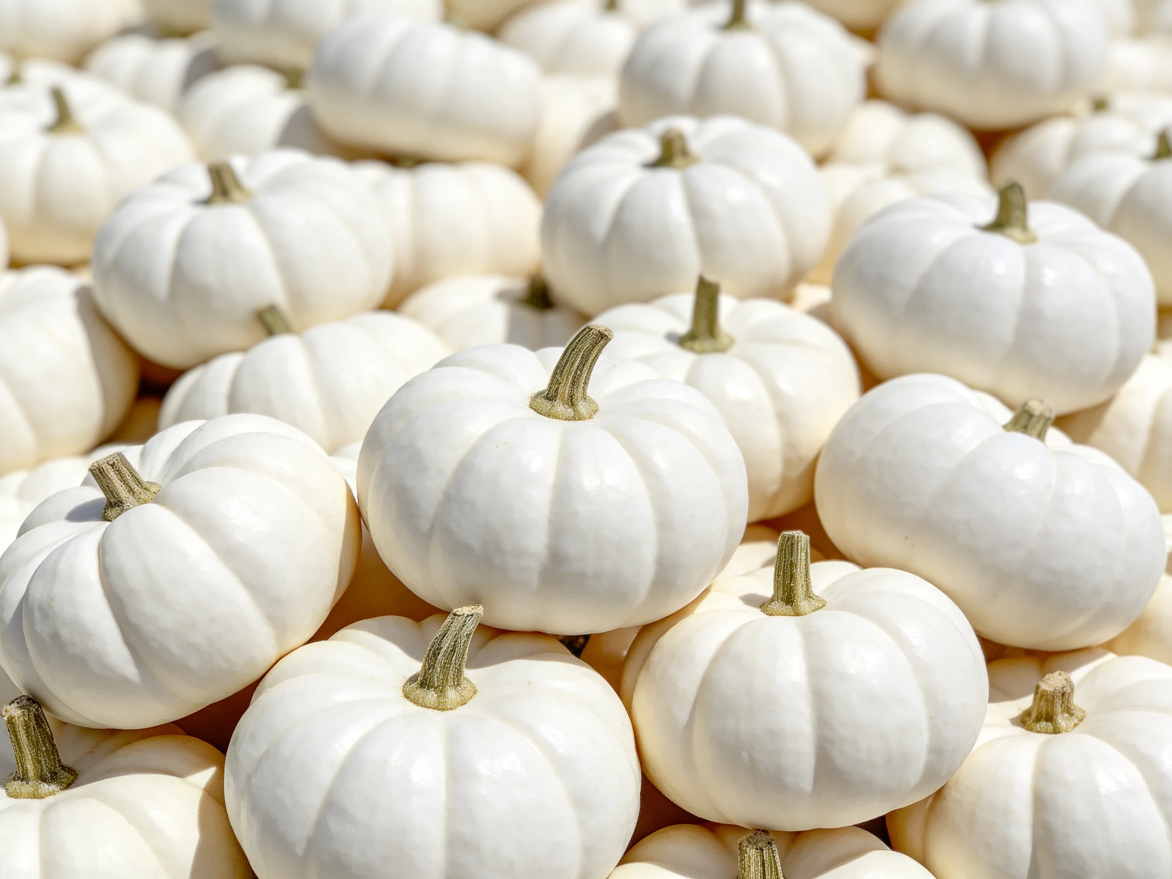 Many small white pumpkins stacked closely in a cluster