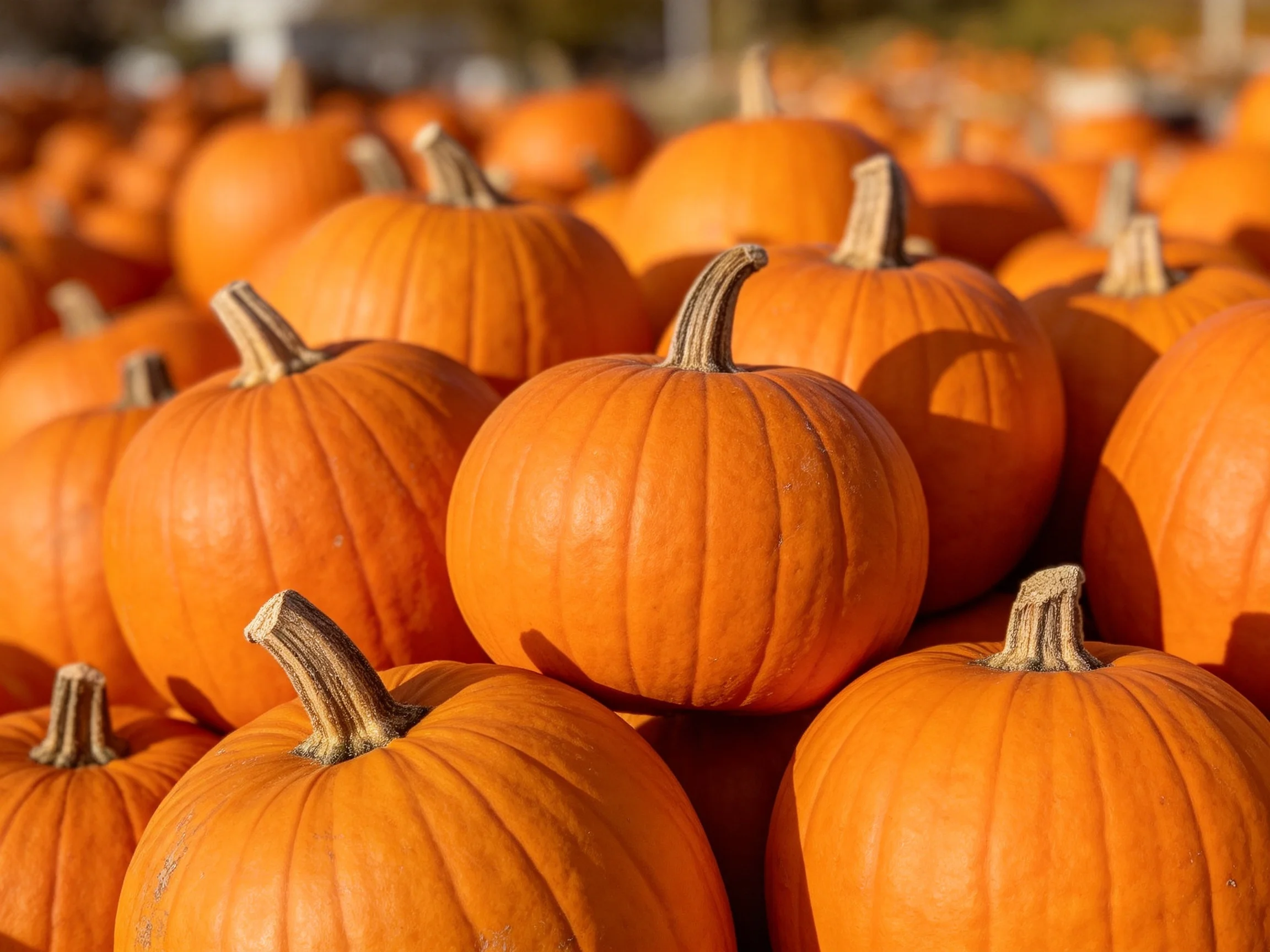 Many vibrant orange pumpkins densely arranged outdoors