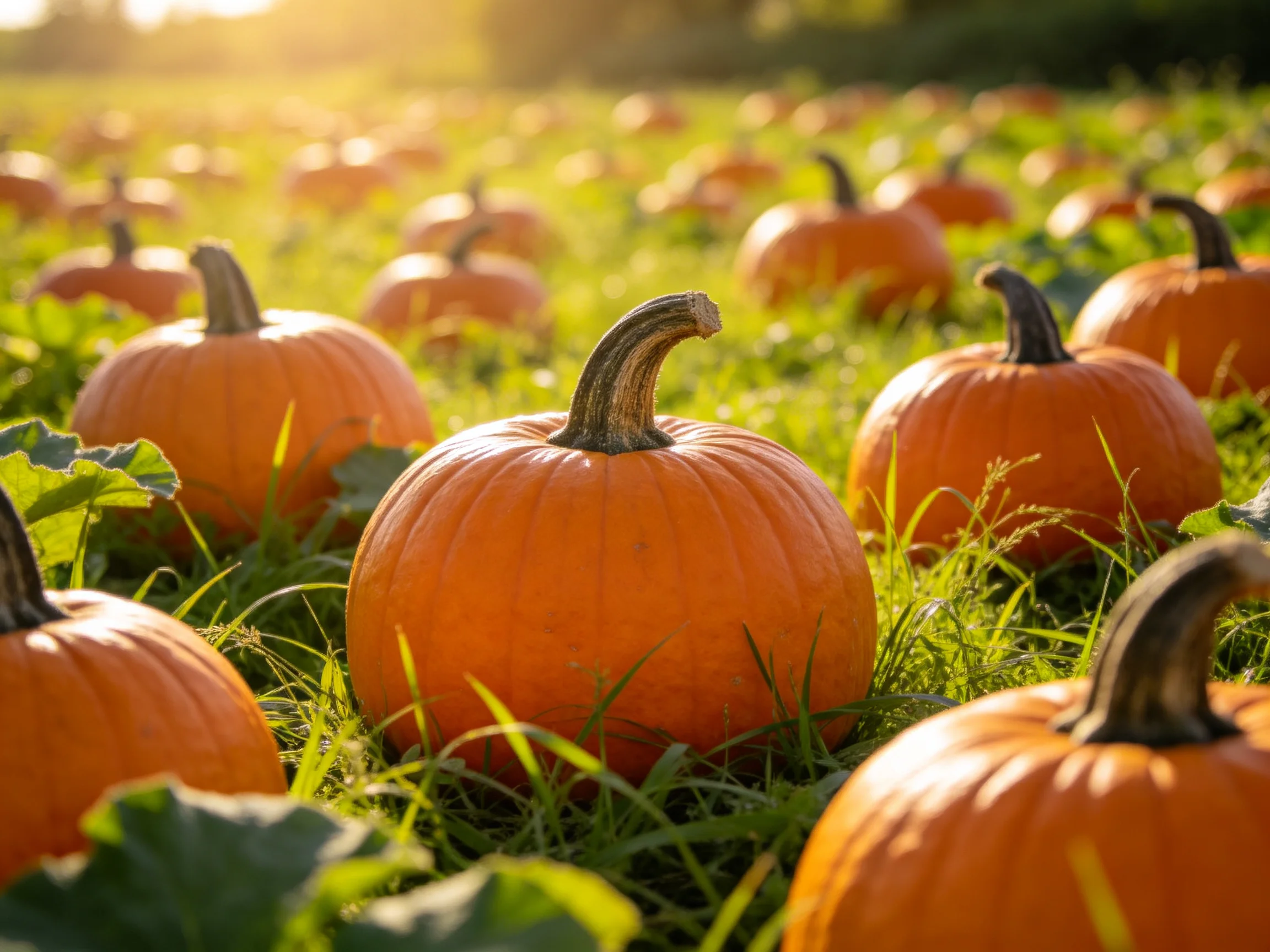 Many vibrant orange pumpkins scattered across lush green pumpkin patch