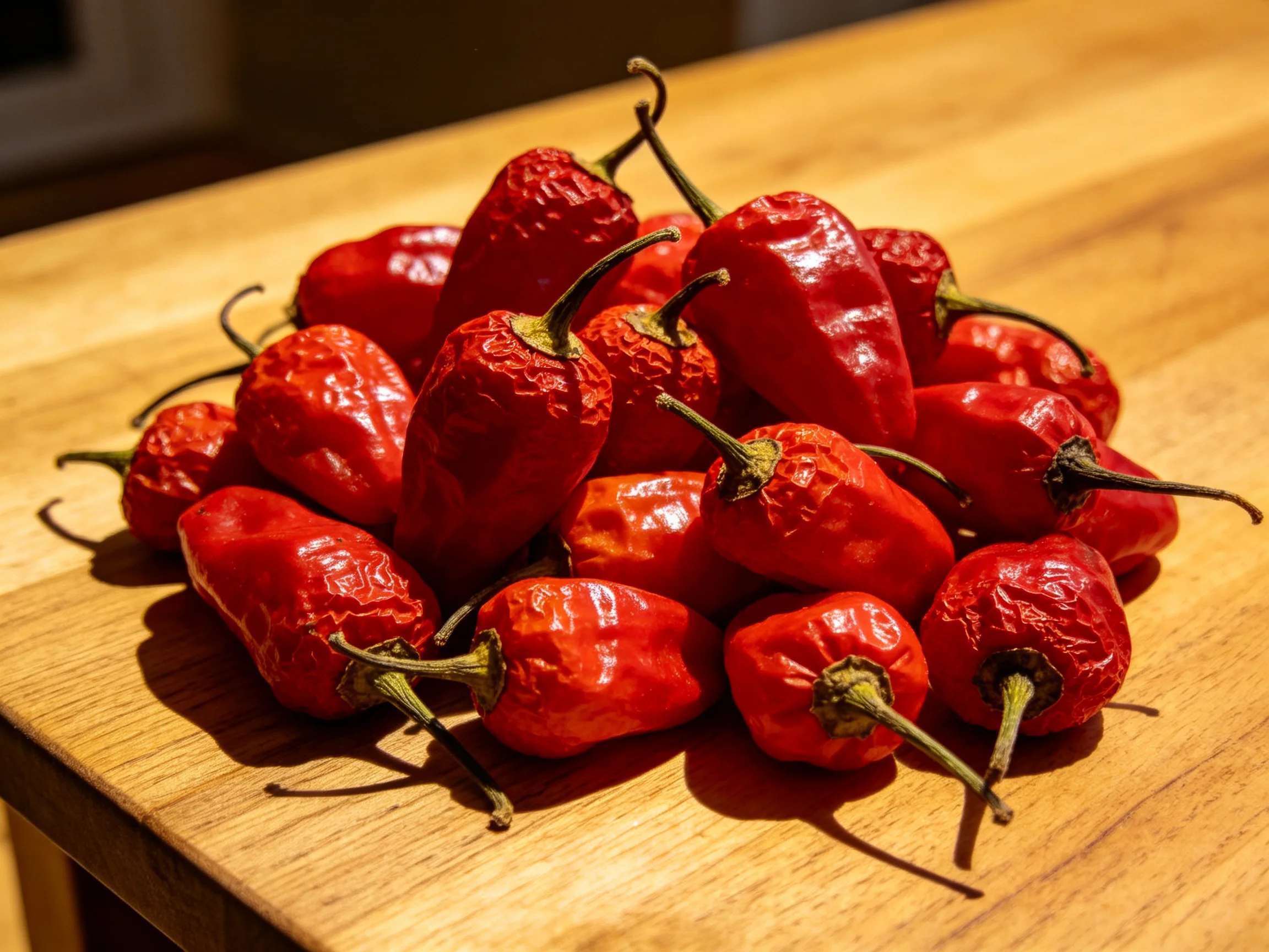 Many vibrant red dried chilies arranged on a smooth wooden cutting board