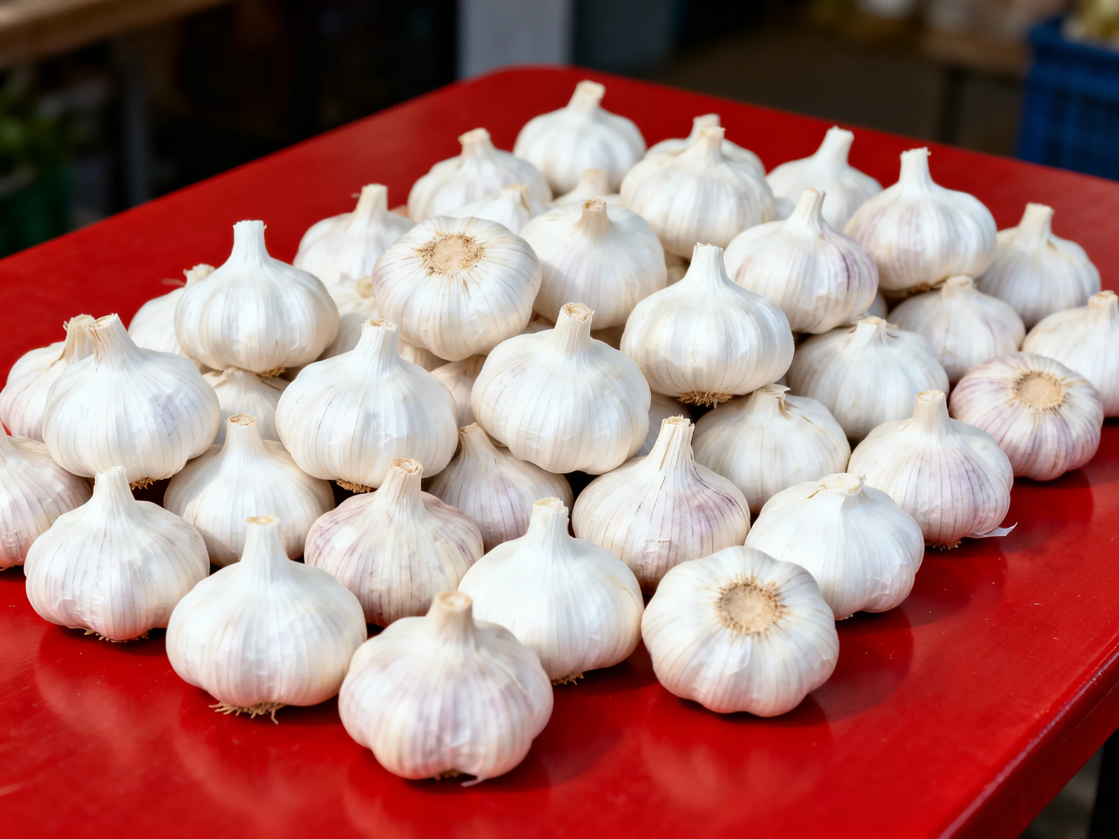 Many white garlic bulbs arranged on a bright red table