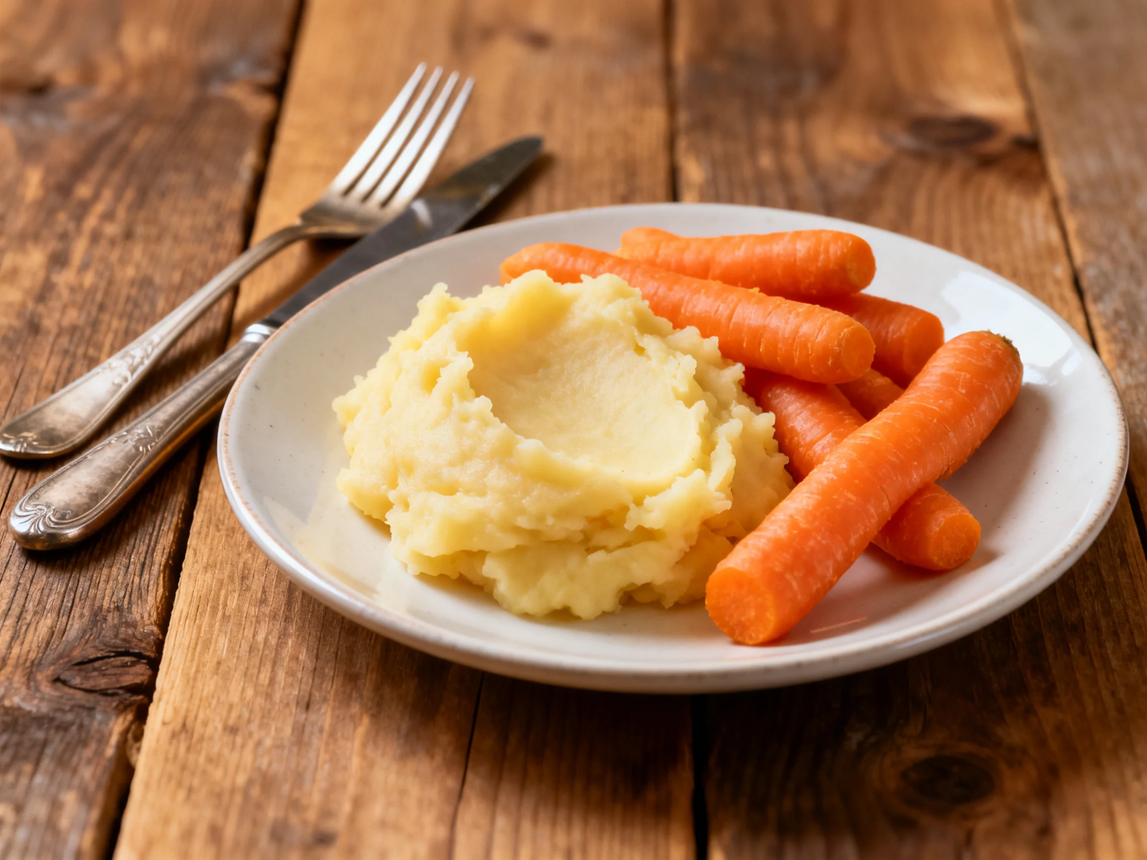 Mashed potatoes and baby carrots served on a white plate with silverware on a rustic wooden table