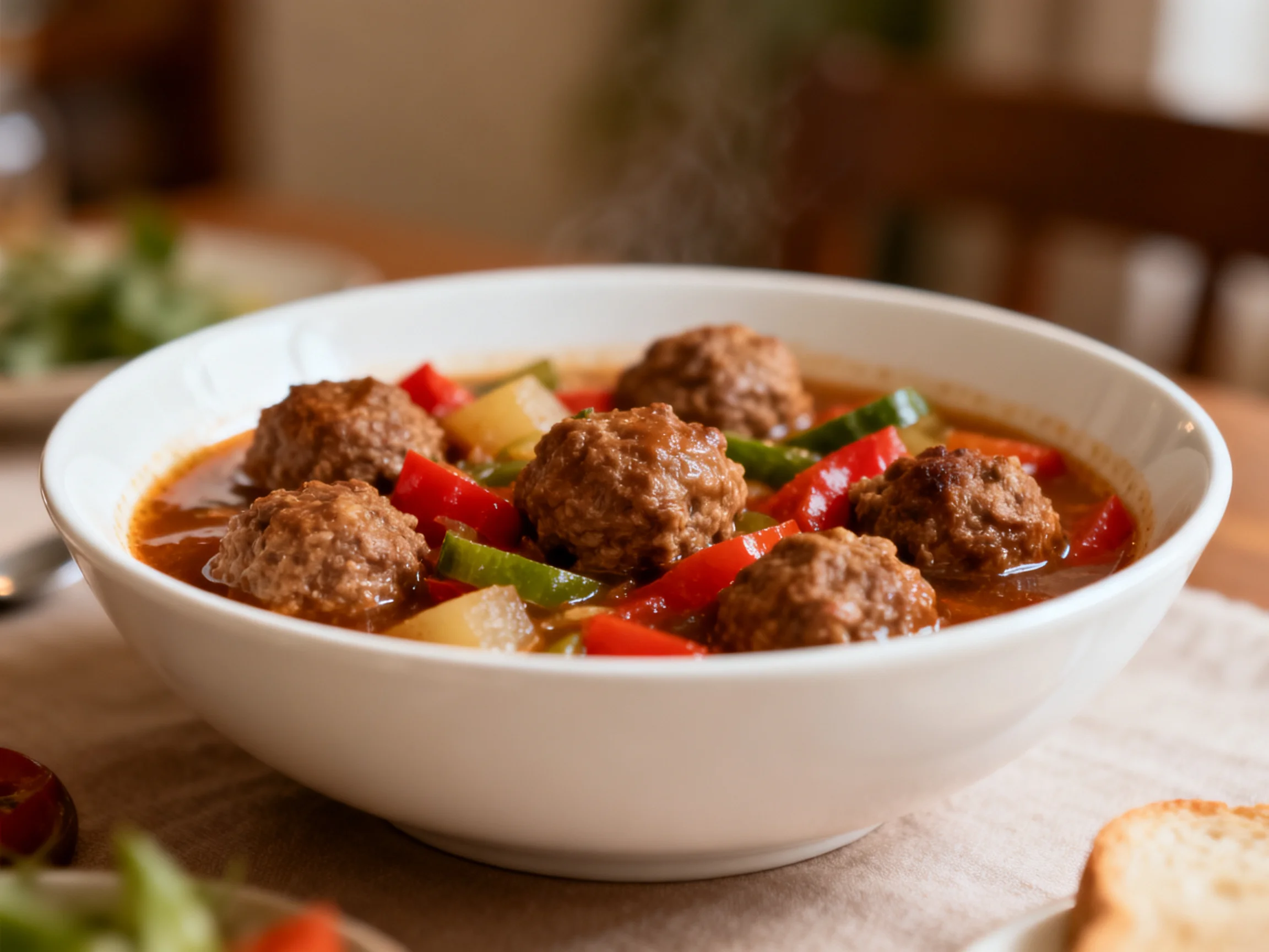 Meatballs in vegetable stew served in white bowl
