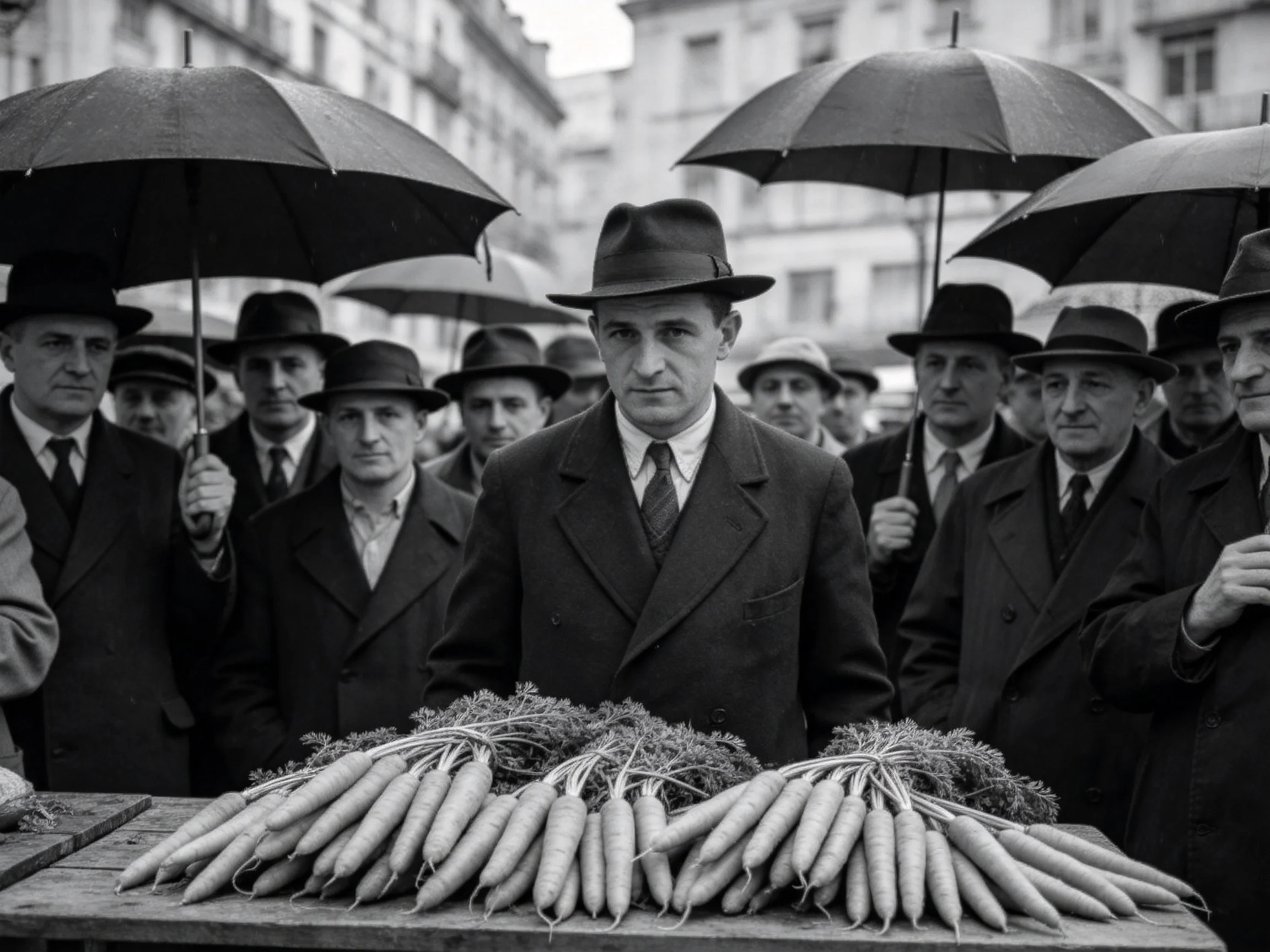 Men examine carrot display under umbrellas in early 20th-century city market