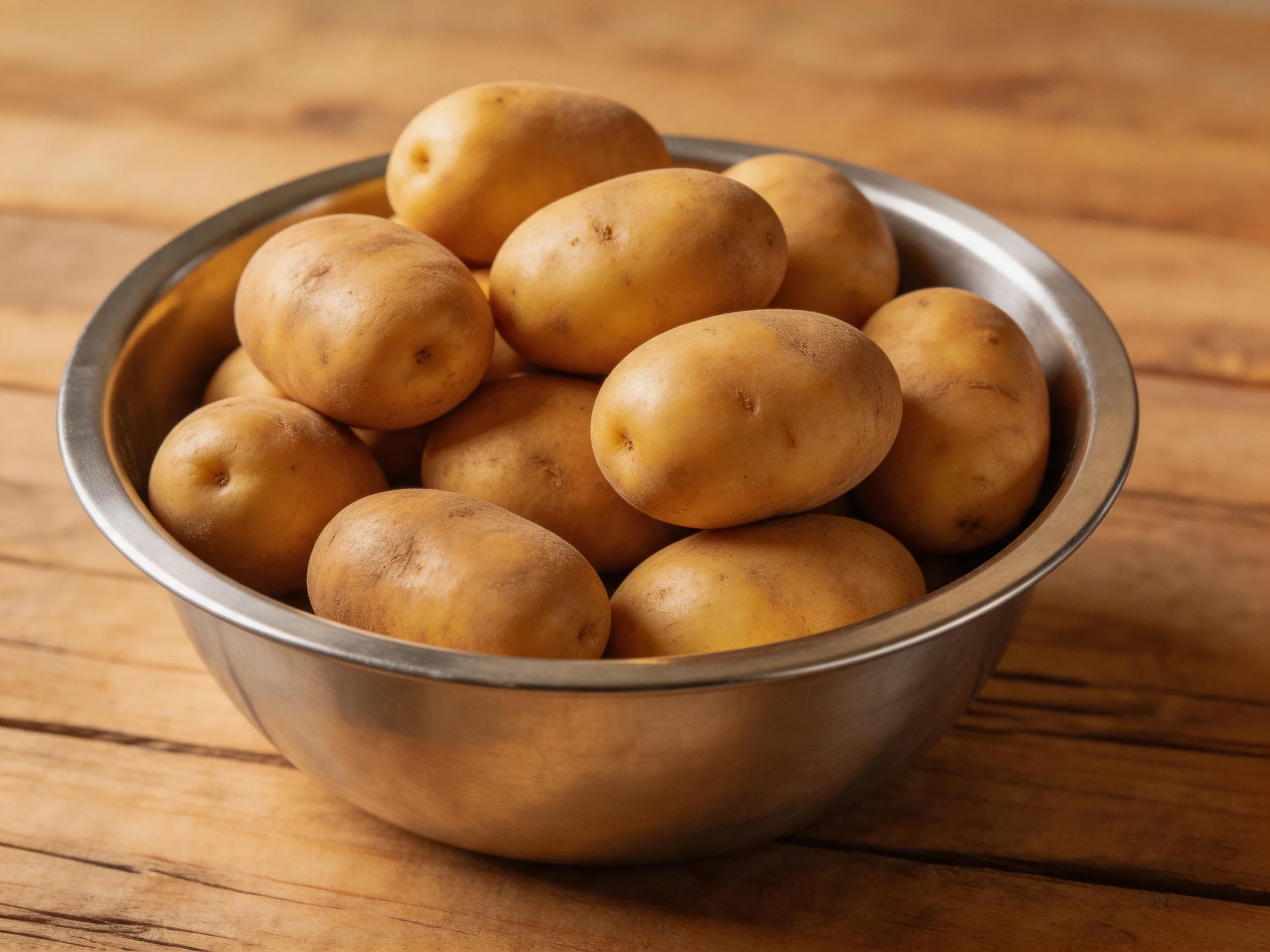 Metal bowl filled with tan potatoes on wooden table