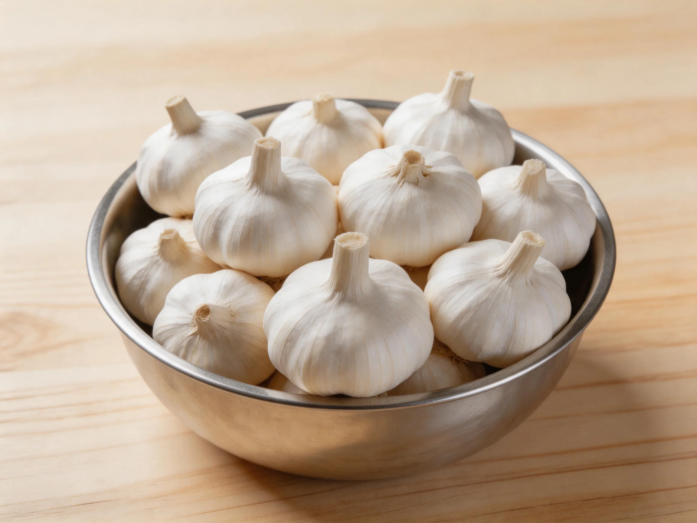 Metal bowl holding multiple fresh white garlic bulbs