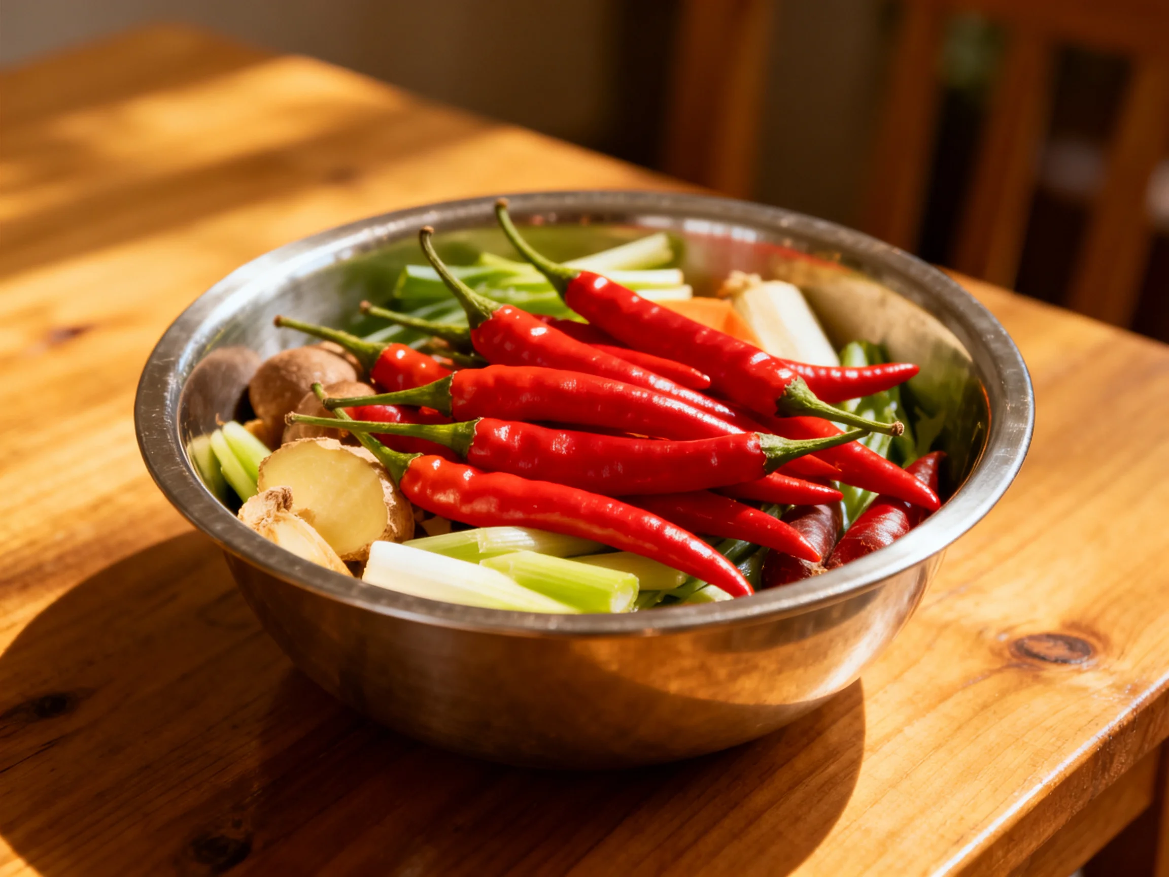 Metal bowl with vibrant red chilies, celery, and root vegetables on wooden table